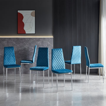 Light Blue Modern Simple Style Dining Chair Fabric Chrome Metal Pipe Diamond Grid Pattern Restaurant Home Conference Chair Set Of 6 Light Blue Fabric