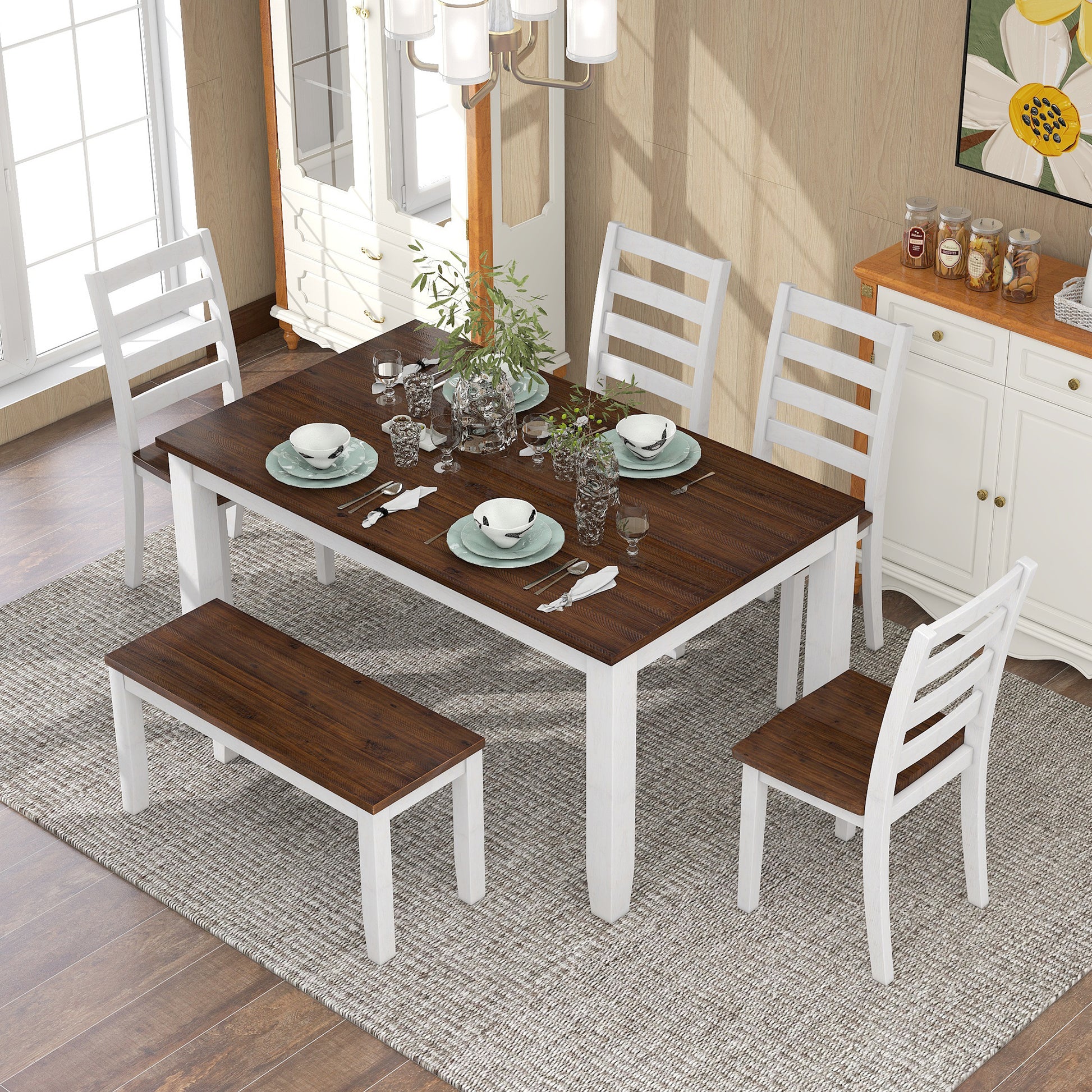 Rustic Style 6 Piece Dining Room Table Set With 4 Ergonomic Designed Chairs & A Bench Walnut Cottage White Walnut Solid Wood