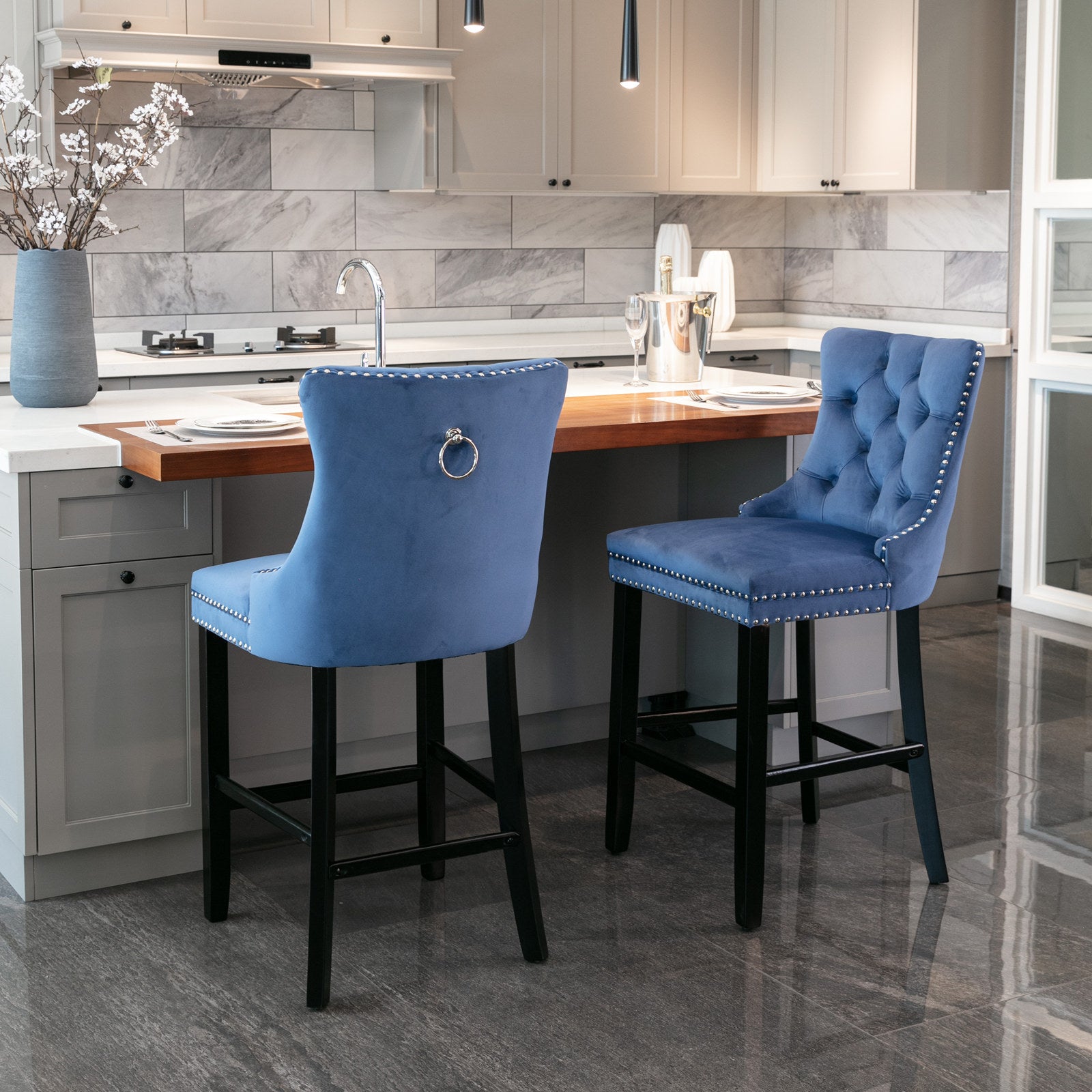 Contemporary Velvet Upholstered Barstools With Button Tufted Decoration And Wooden Legs, And Chrome Trim, Leisure Style Bar Chairs,Bar Stools, Set Of 2 Blue 1902Bl Blue Foam Velvet