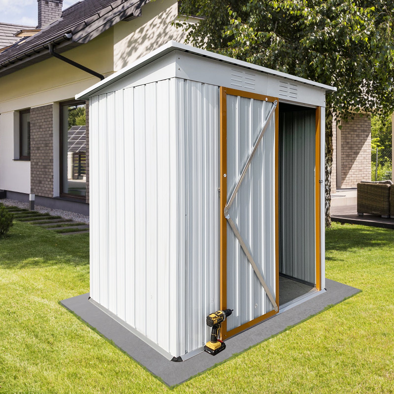 Metal Garden Sheds 5Ftx4Ft Outdoor White Yellow White Metal