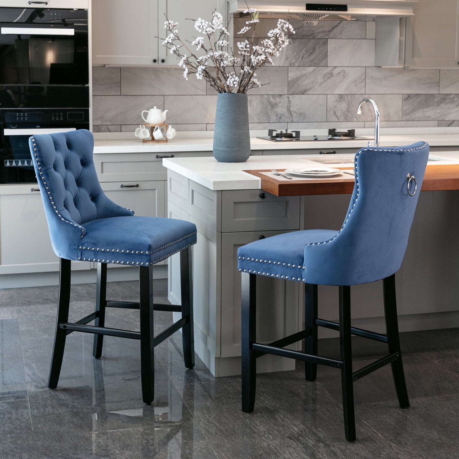 Contemporary Velvet Upholstered Barstools With Button Tufted Decoration And Wooden Legs, And Chrome Trim, Leisure Style Bar Chairs,Bar Stools, Set Of 2 Blue 1902Bl Blue Foam Velvet