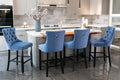 Contemporary Velvet Upholstered Barstools With Button Tufted Decoration And Wooden Legs, And Chrome Trim, Leisure Style Bar Chairs,Bar Stools, Set Of 2 Blue 1902Bl Blue Foam Velvet