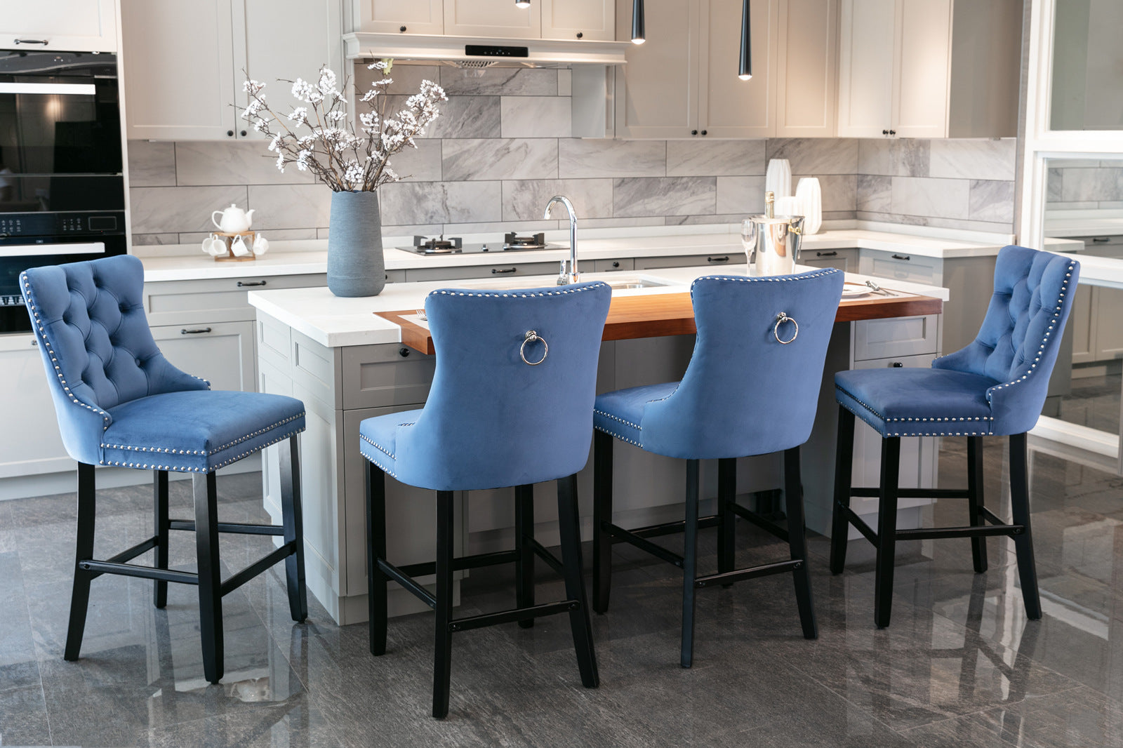 Contemporary Velvet Upholstered Barstools With Button Tufted Decoration And Wooden Legs, And Chrome Trim, Leisure Style Bar Chairs,Bar Stools, Set Of 2 Blue ,Sw2002Bl Blue Seats 2 American Design Rubberwood Foam Velvet