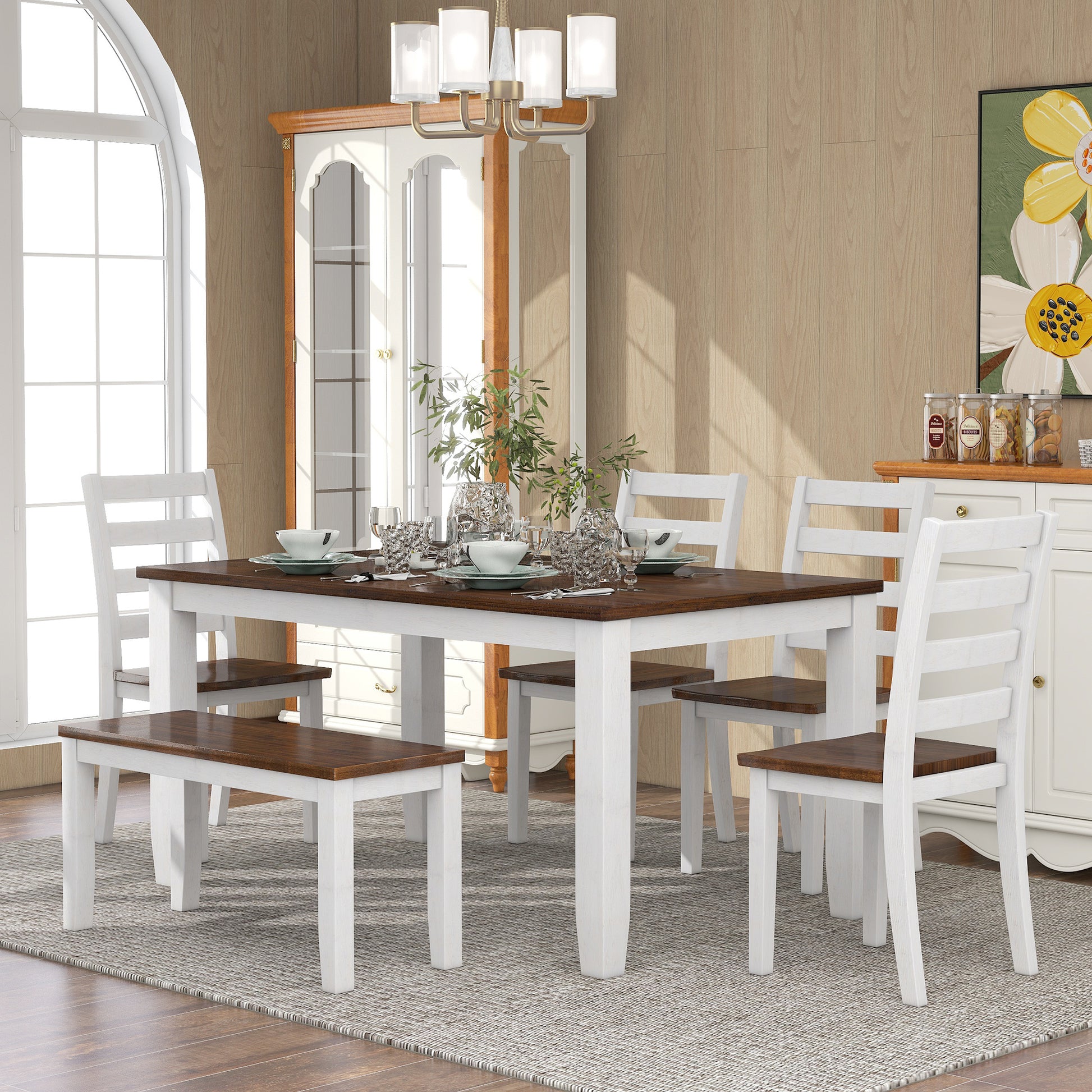 Rustic Style 6 Piece Dining Room Table Set With 4 Ergonomic Designed Chairs & A Bench Walnut Cottage White Walnut Solid Wood