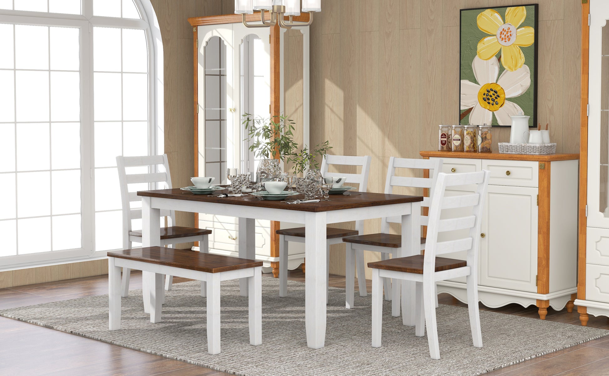 Rustic Style 6 Piece Dining Room Table Set With 4 Ergonomic Designed Chairs & A Bench Walnut Cottage White Walnut Solid Wood