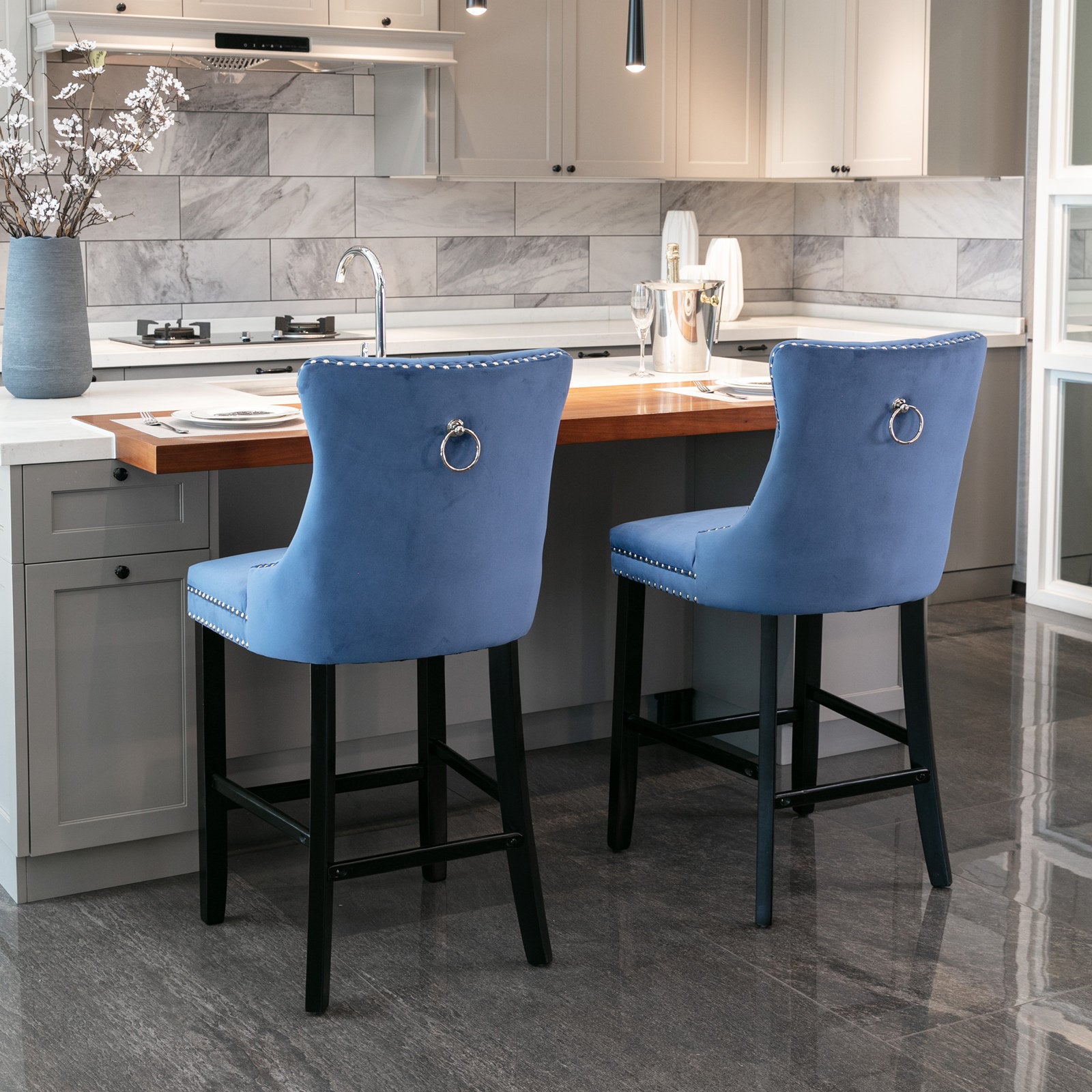 Contemporary Velvet Upholstered Barstools With Button Tufted Decoration And Wooden Legs, And Chrome Trim, Leisure Style Bar Chairs,Bar Stools, Set Of 2 Blue 1902Bl Blue Foam Velvet