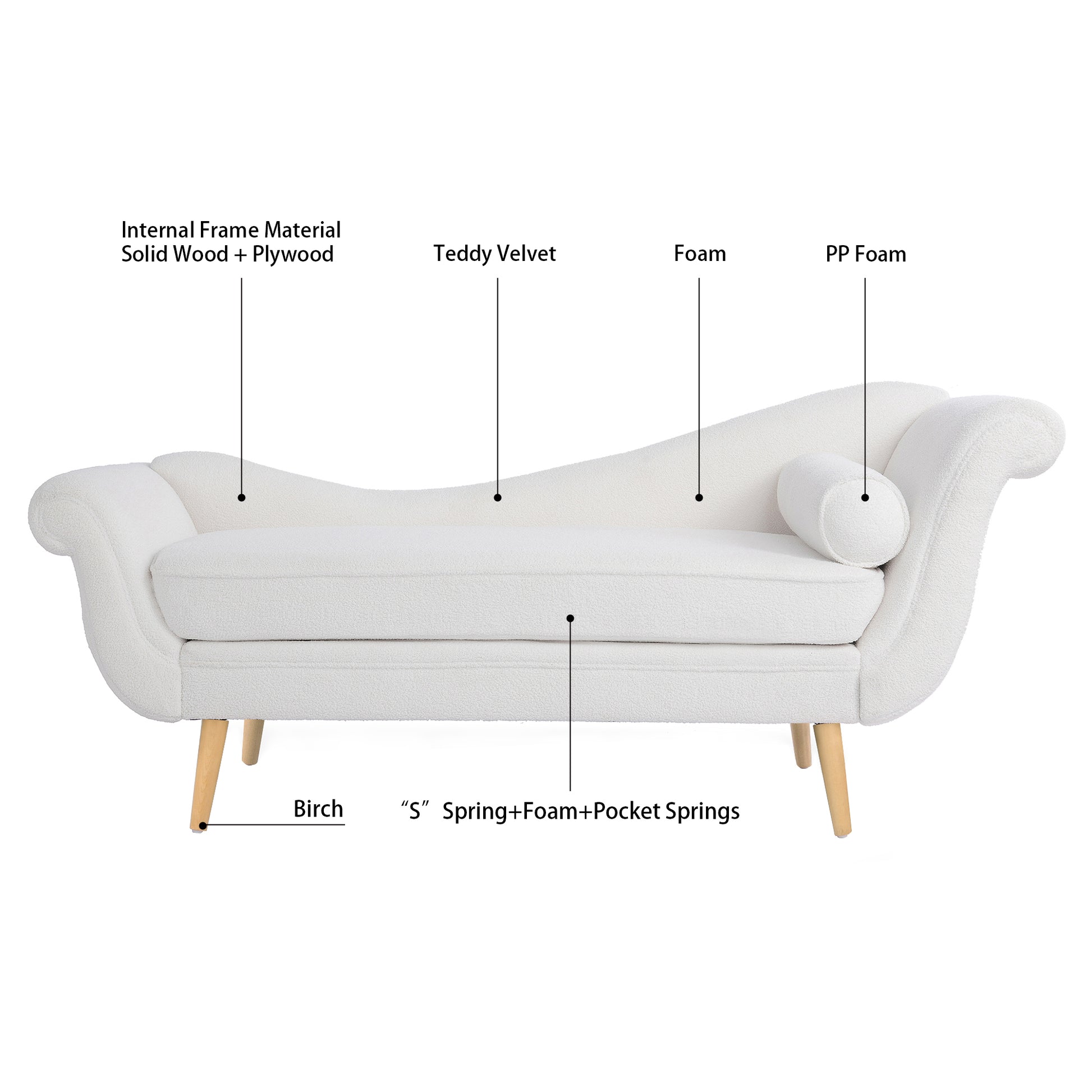 Chaise Lounge With Scroll Arms White Fabric