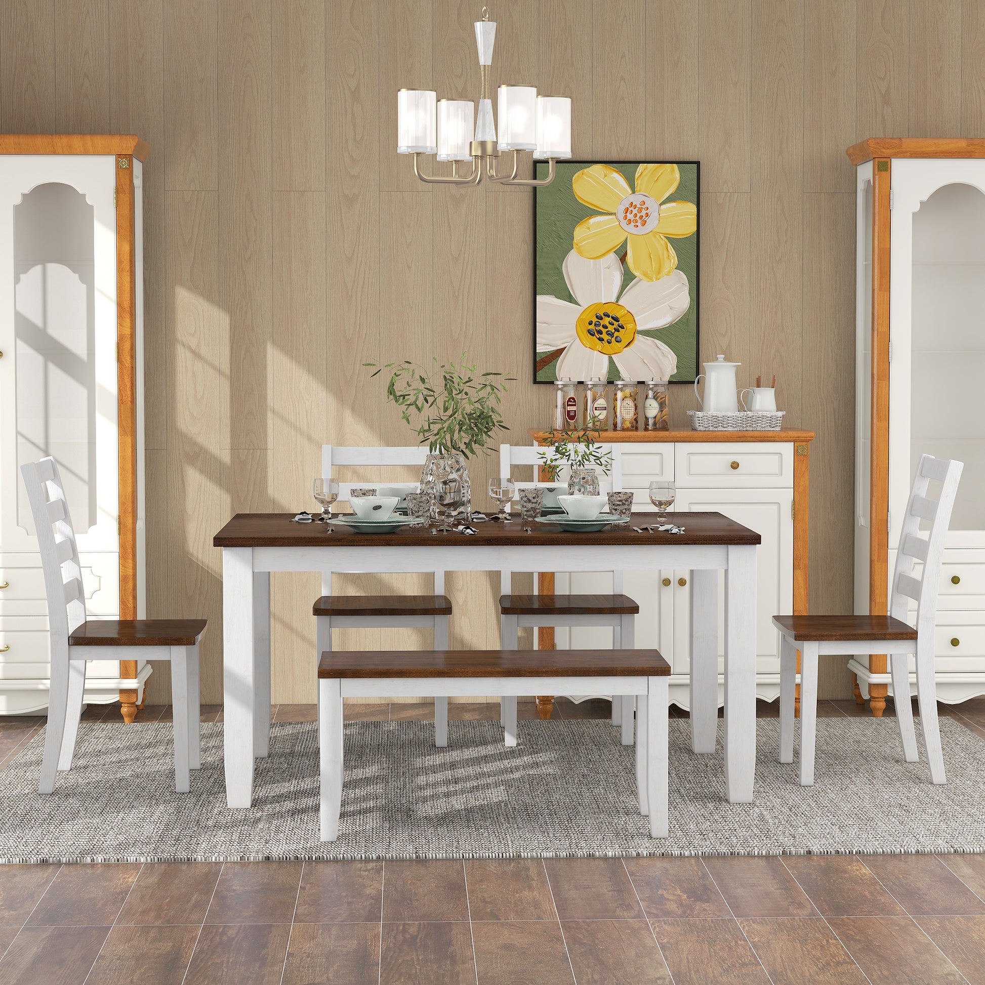 Rustic Style 6 Piece Dining Room Table Set With 4 Ergonomic Designed Chairs & A Bench Walnut Cottage White Walnut Solid Wood