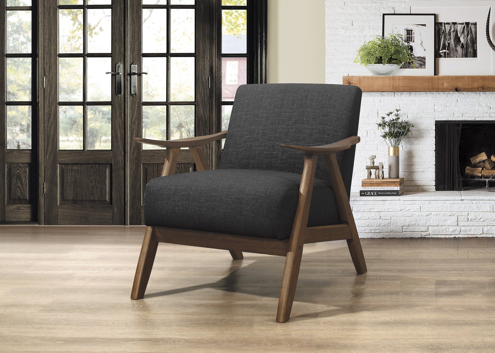 Modern Home Furniture Dark Gray Fabric Upholstered 1Pc Accent Chair Cushion Back And Seat Walnut Finish Solid Rubber Wood Furniture Dark Gray Primary Living Space Retro Solid Wood