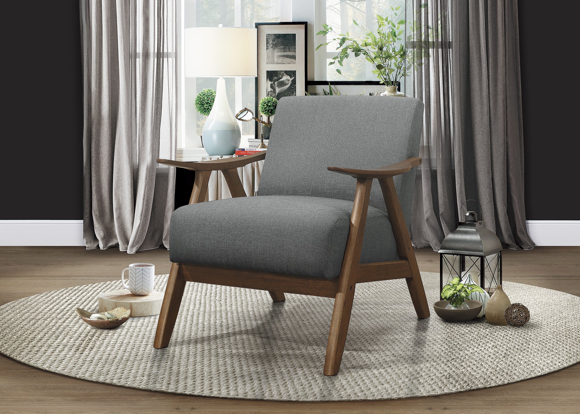 Modern Home Furniture Gray Fabric Upholstered 1Pc Accent Chair Walnut Finish Wood Cushion Back And Seat Furniture Gray Primary Living Space Retro Solid Wood