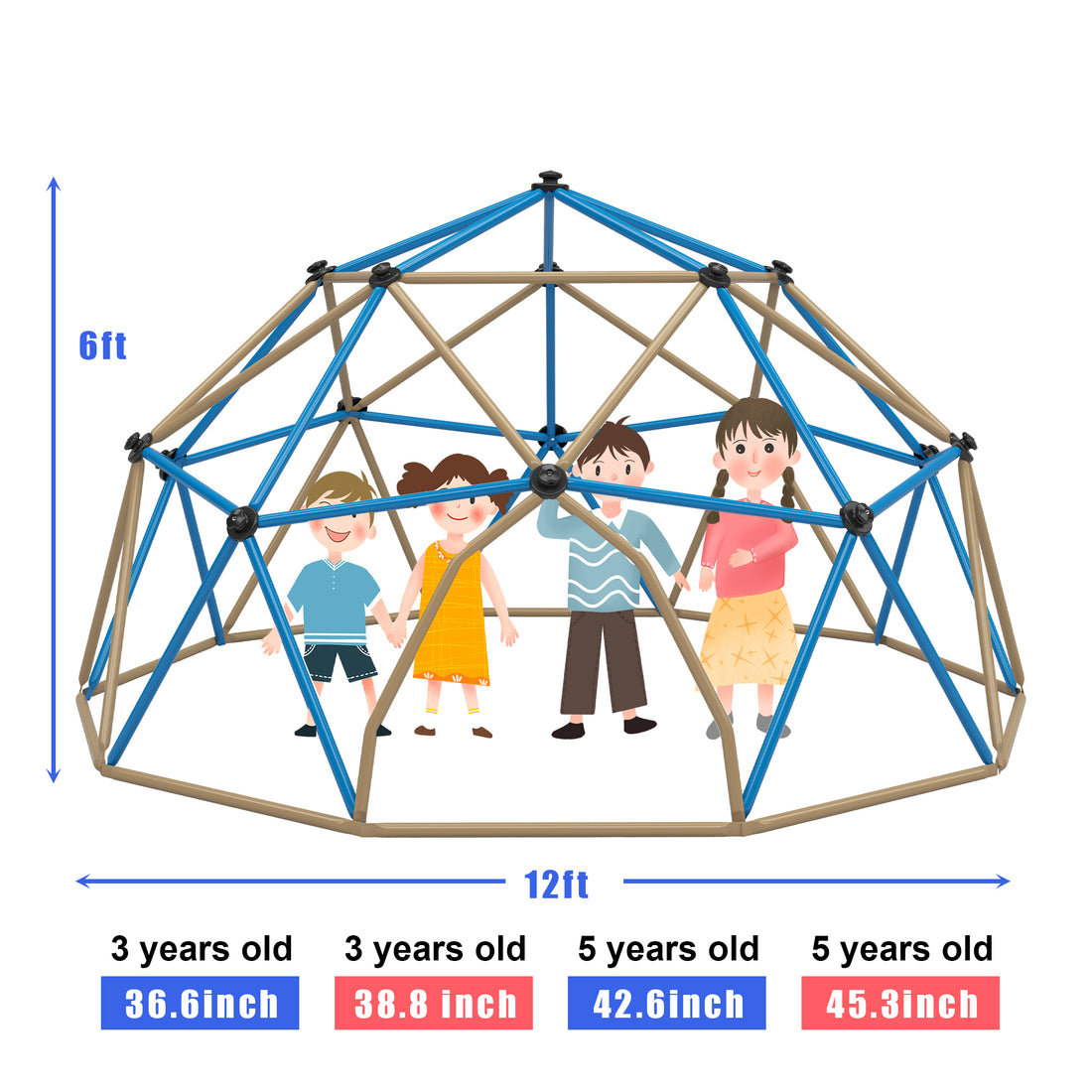 Kids Climbing Dome Tower 12 Ft Jungle Gym Geometric Playground Dome Climber Monkey Bars Play Center, Rust & Uv Resistant Steel Supporting 1000 Lbs Coffee Metal