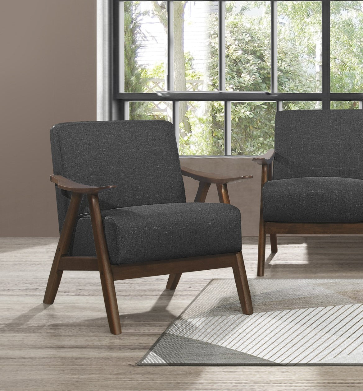 Modern Home Furniture Dark Gray Fabric Upholstered 1Pc Accent Chair Cushion Back And Seat Walnut Finish Solid Rubber Wood Furniture Dark Gray Primary Living Space Retro Solid Wood