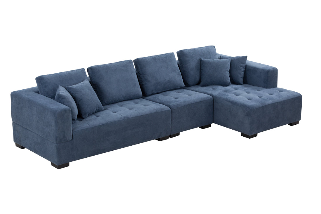 134'' Mid Century Modern Sofa With Right Chaise For Living Room Sofa, Blue Blue Fabric