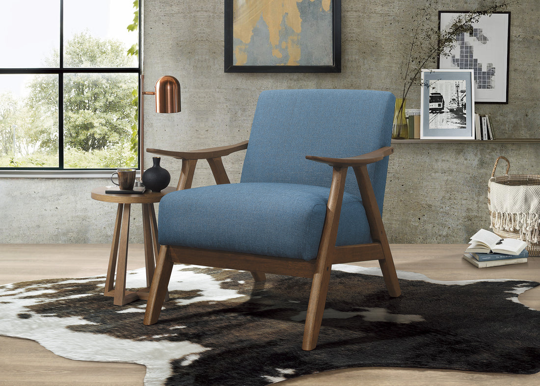 Modern Home Furniture Blue Fabric Upholstered 1Pc Accent Chair Cushion Back And Seat Walnut Finish Solid Rubber Wood Furniture Blue Primary Living Space Retro Solid Wood
