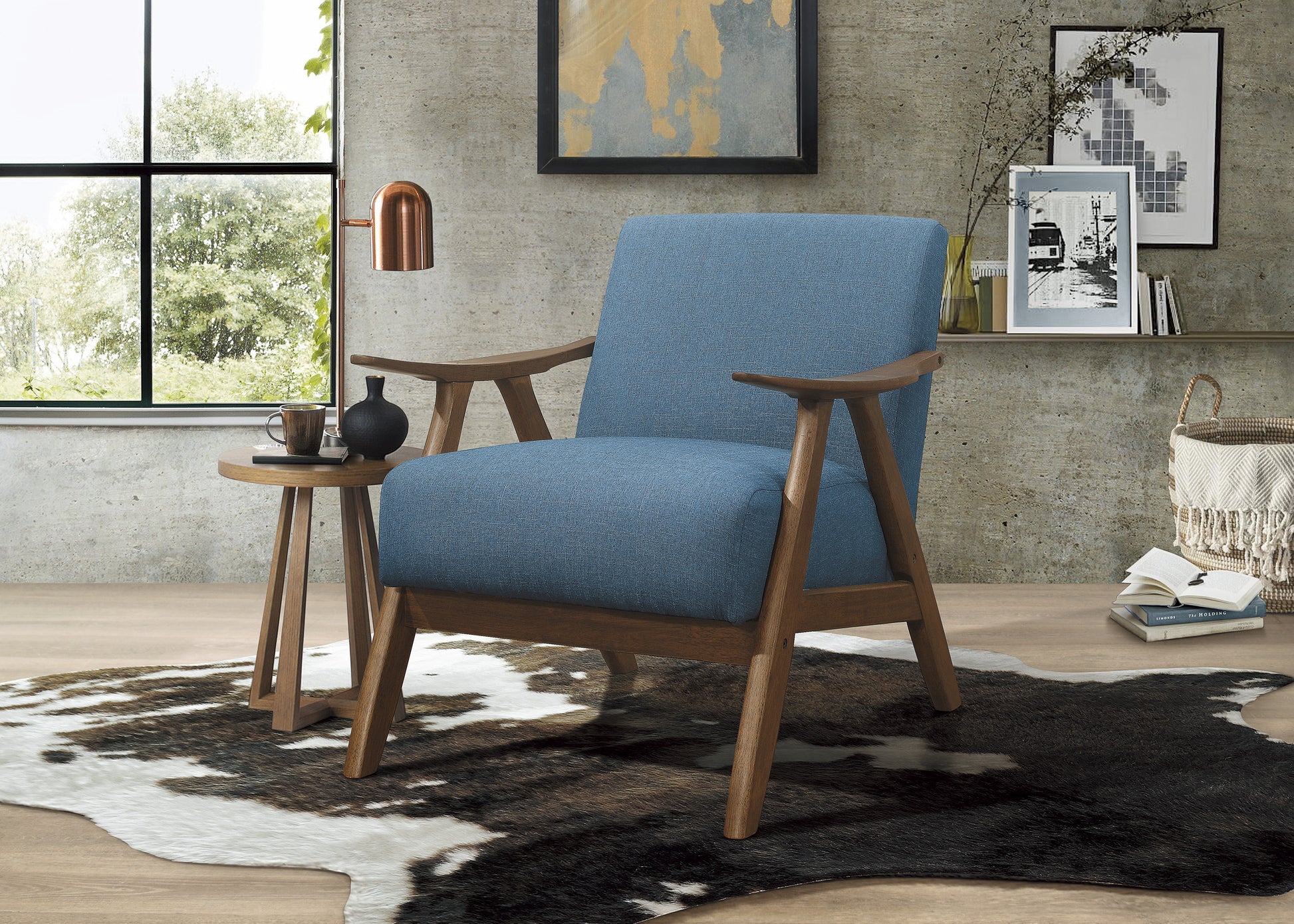 Modern Home Furniture Blue Fabric Upholstered 1Pc Accent Chair Cushion Back And Seat Walnut Finish Solid Rubber Wood Furniture Blue Primary Living Space Retro Solid Wood