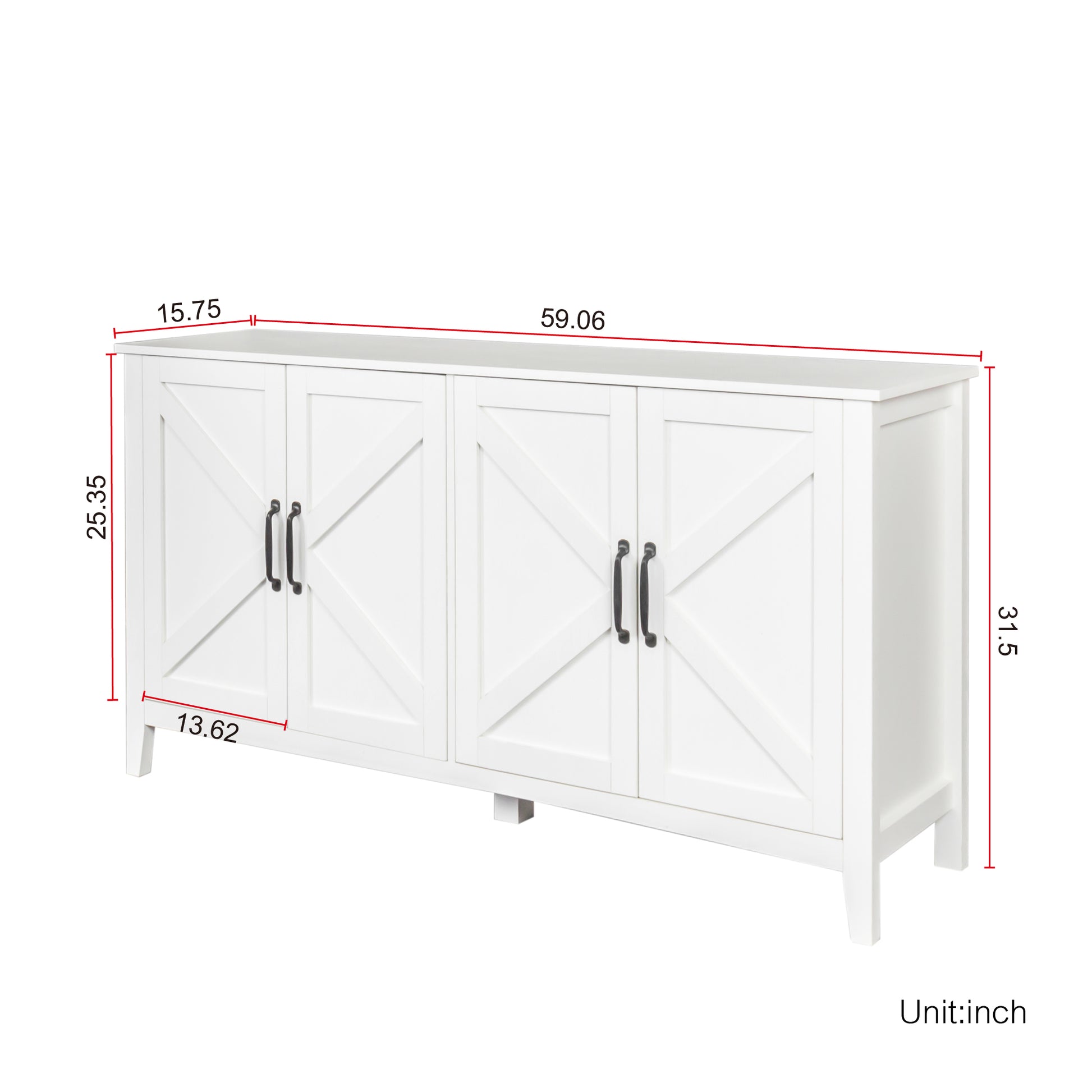 Cabinet With 4 Doors And 4 Open Shelgves,Freestanding Sideboard Storage Cabinet Entryway Floor Cabinet For Living Room Office Bedroom White Mdf