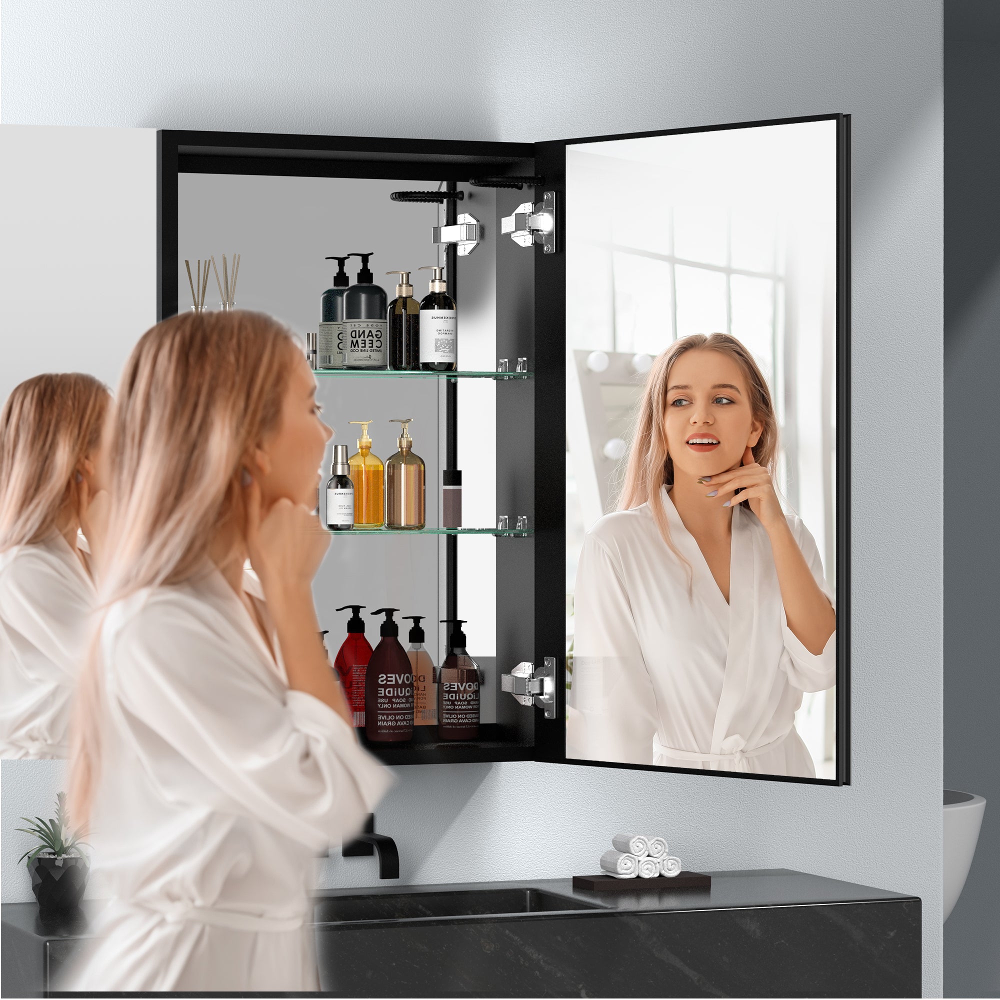 60x30 Inch LED Bathroom Medicine Cabinet Surface Mount black-modern-aluminium