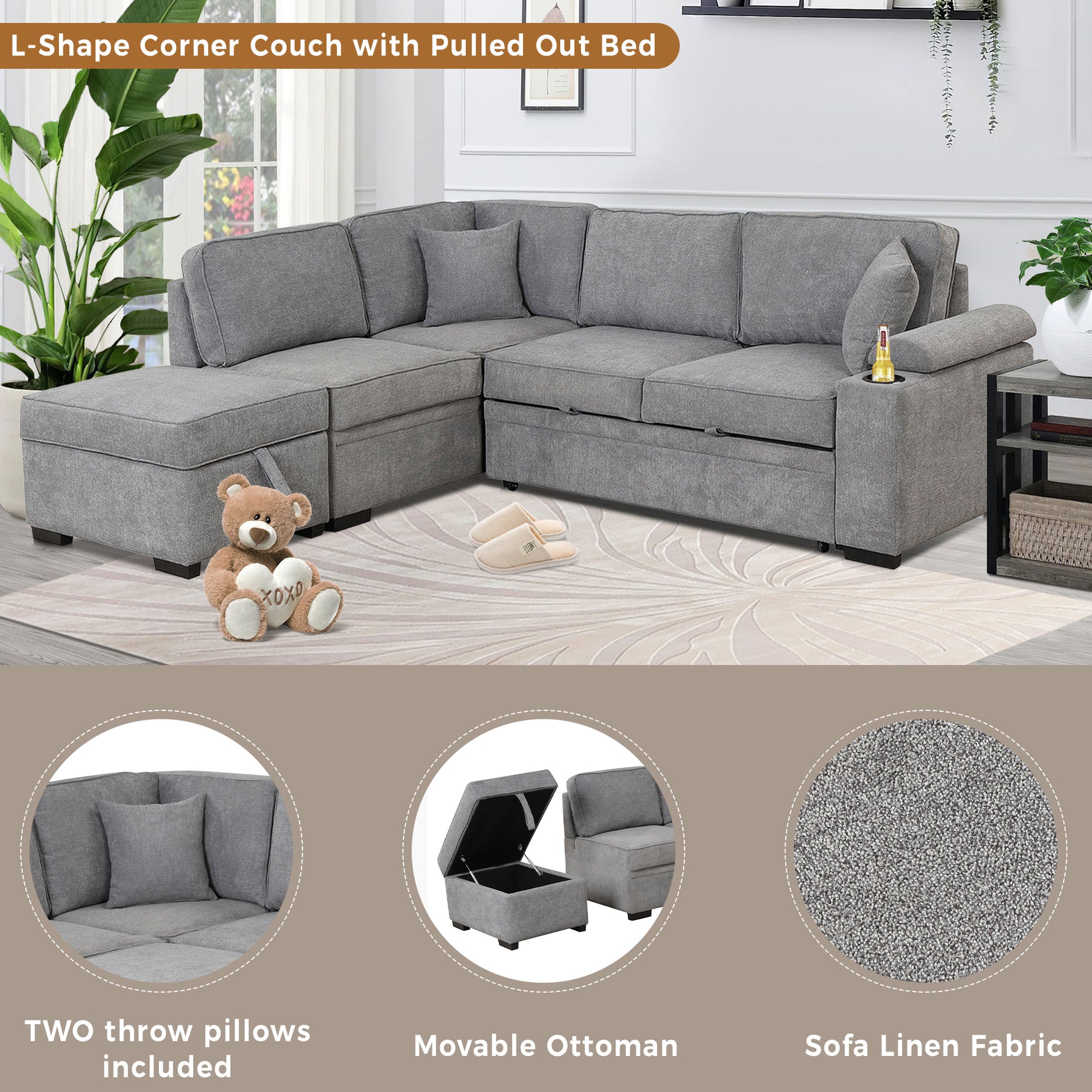 84.75" Sleeper Sofa Bed,2 In 1 Pull Out Sofa Bed L Shape Couch With Storage Ottoman For Living Room,Bedroom Couch And Small Apartment, Gray Gray Foam Linen 4 Seat