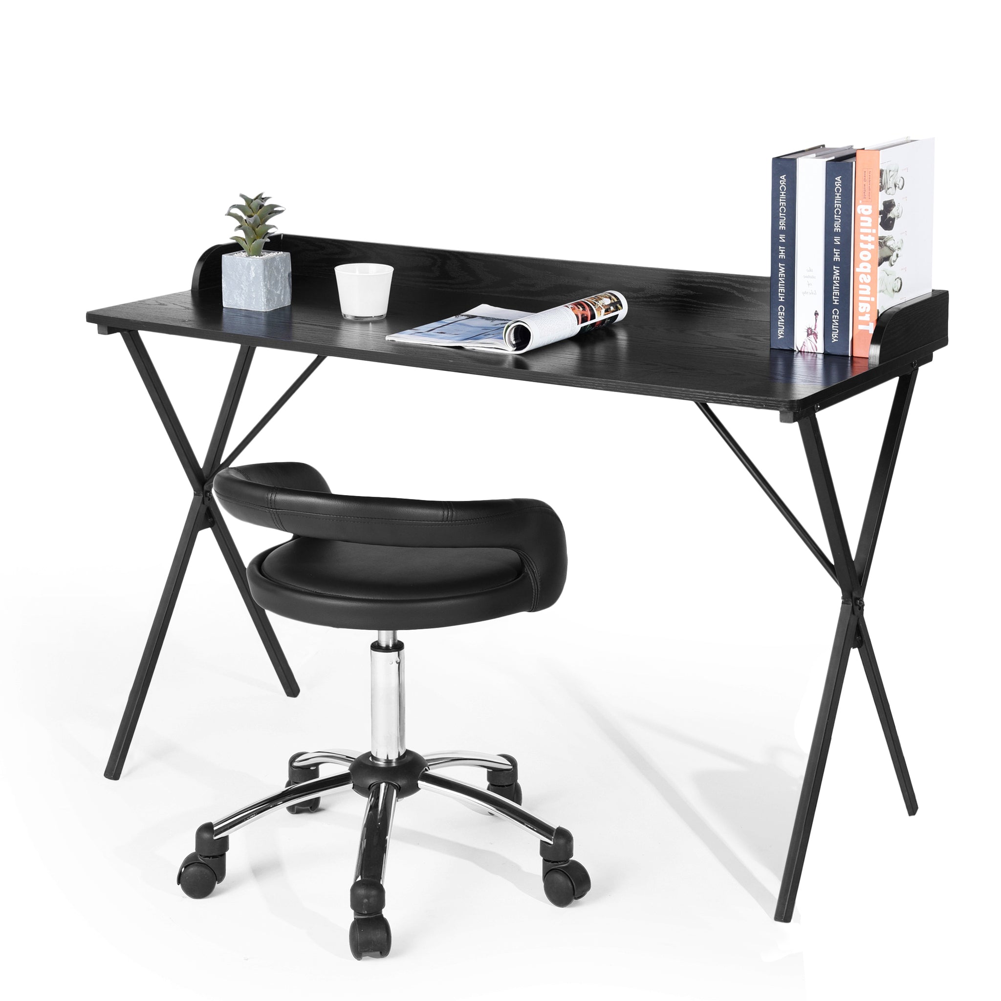 47.2" L Rectangular Computer Desk, Writing Desk full black-mdf-metal & wood