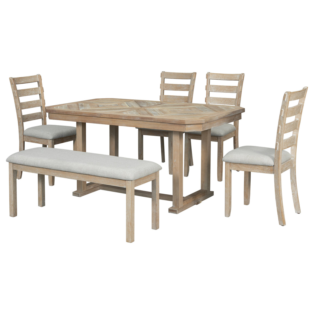 6 Piece Rubber Wood Dining Table Set With Beautiful Wood Grain Pattern Tabletop Solid Wood Veneer And Soft Cushion Natural Wood Wash Natural Wood Wash Solid Wood