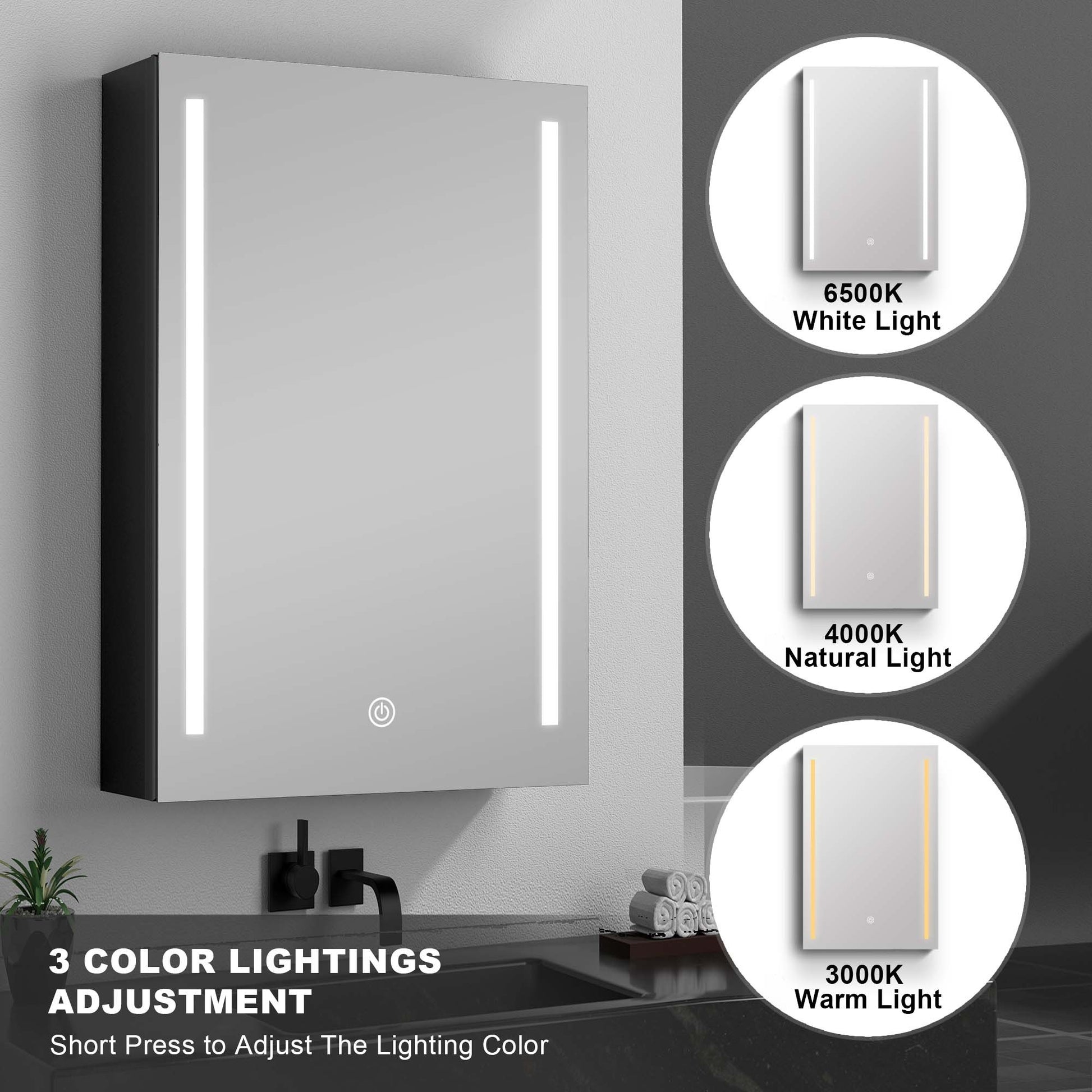 40X30 Inch Led Bathroom Medicine Cabinet Surface Mount Double Door Lighted Medicine Cabinet, Medicine Cabinets For Bathroom With Mirror Defogging, Dimmer Black Black Modern Aluminium