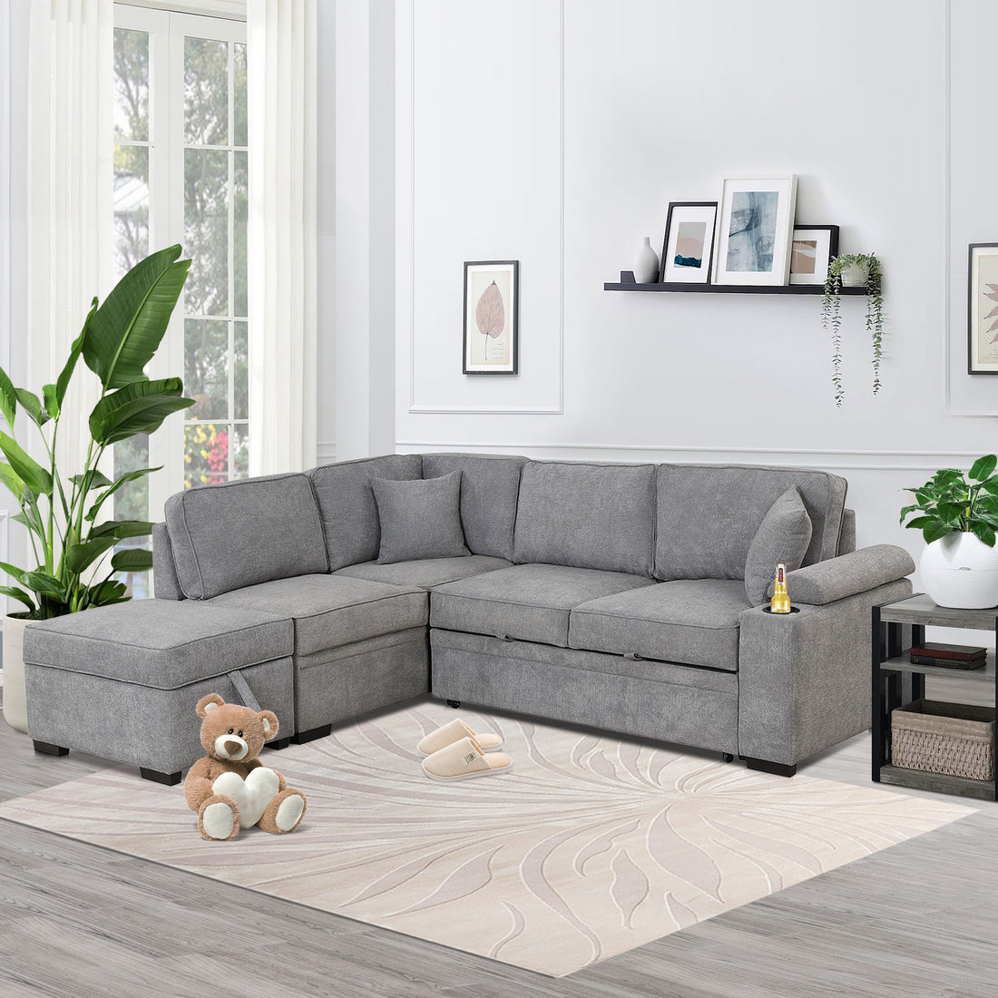 84.75" Sleeper Sofa Bed,2 In 1 Pull Out Sofa Bed L Shape Couch With Storage Ottoman For Living Room,Bedroom Couch And Small Apartment, Gray Gray Foam Linen 4 Seat