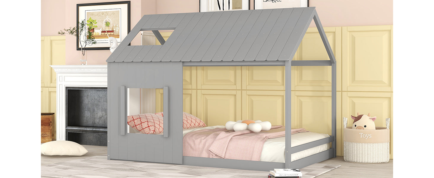 Full Size House Bed with Roof and Window Gray gray-mdf