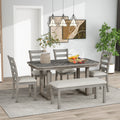 6 Piece Rubber Wood Dining Table Set With Beautiful Wood Grain Pattern Tabletop Solid Wood Veneer And Soft Cushion Gray Gray Solid Wood