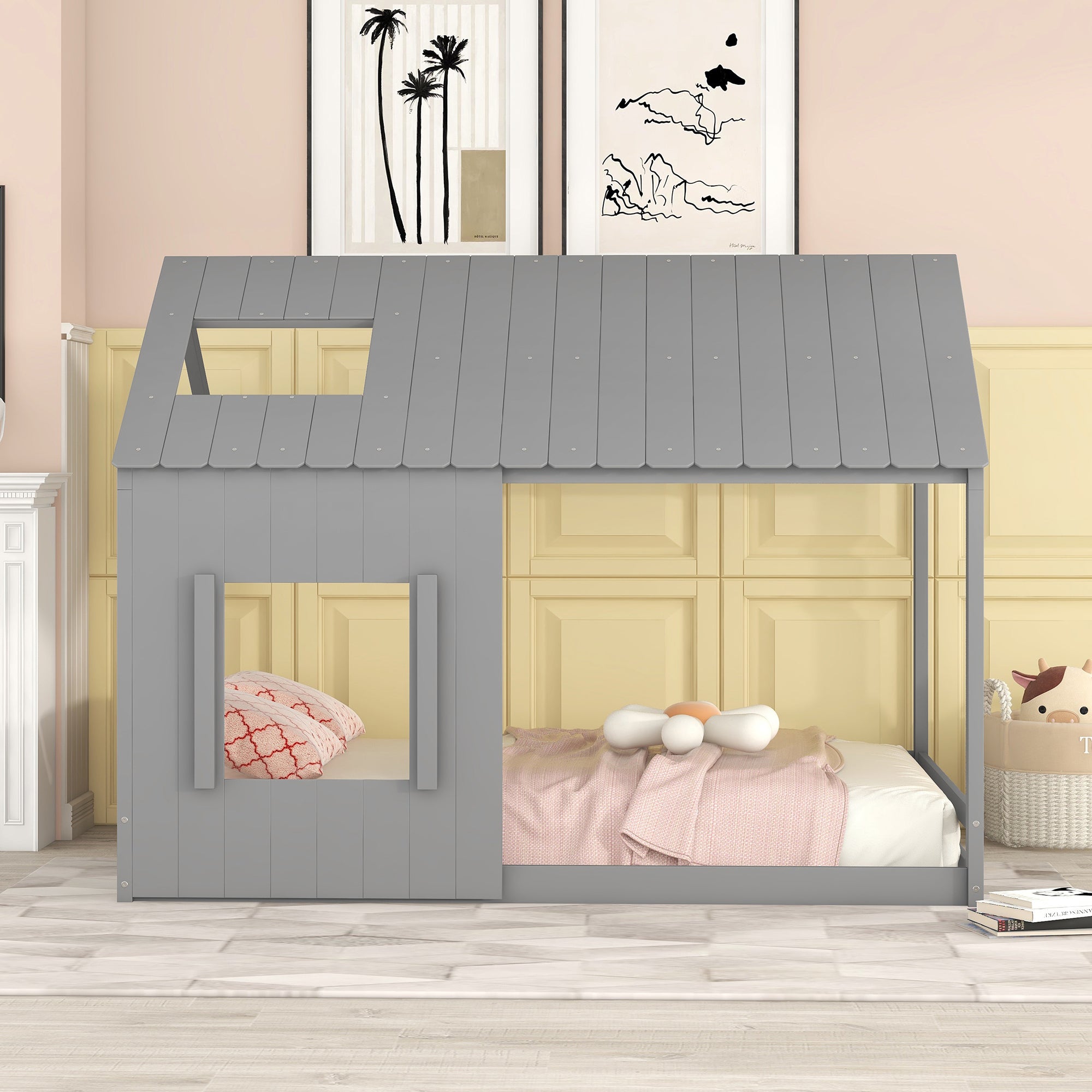 Full Size House Bed with Roof and Window Gray gray-mdf
