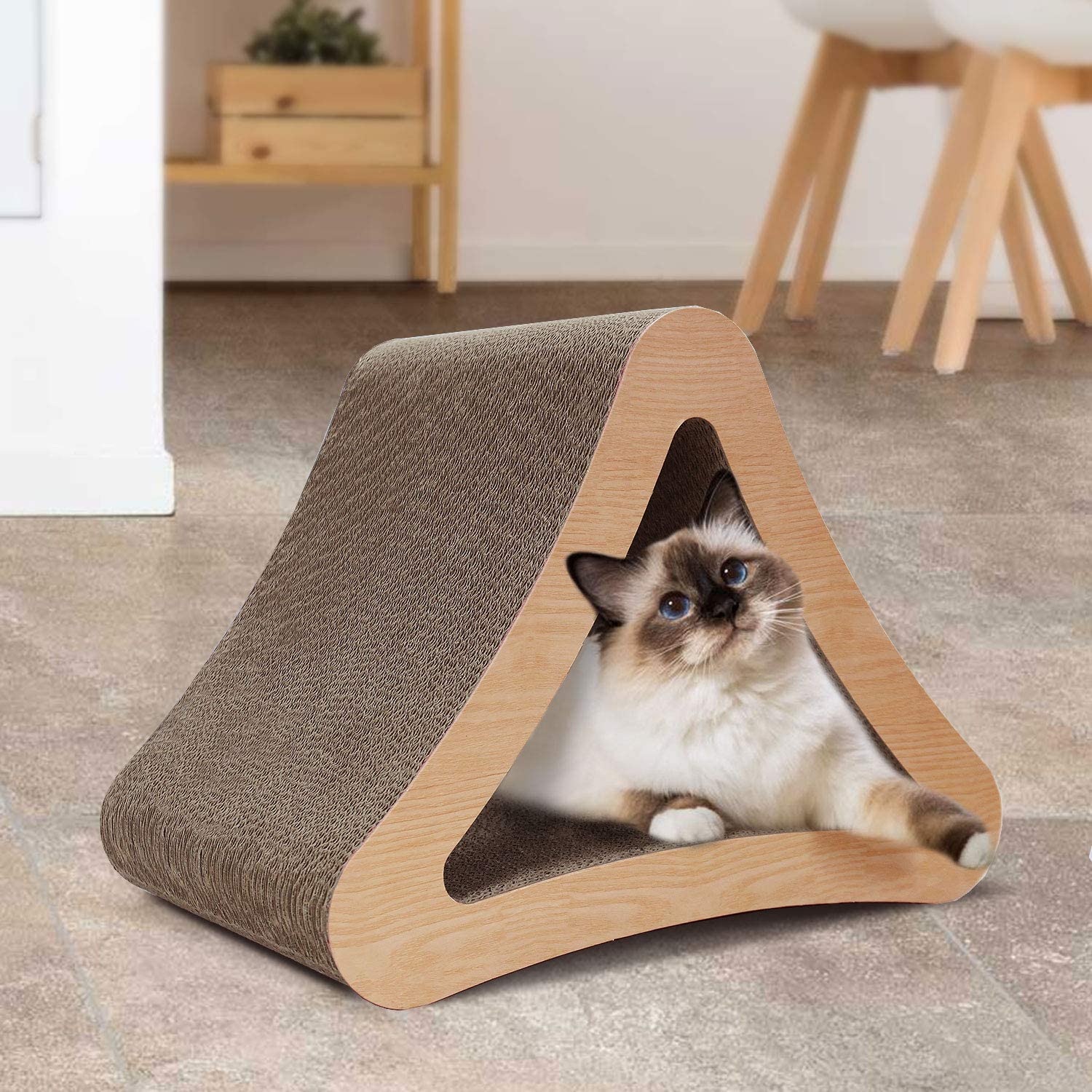 Scratchme 3 Sided Triangle Cat Scratching Post Scratcher Cardboard, Recycle Corrugated Vertical Cat Board Pads Prevents Furniture Damage, Triangular Brown Plywood