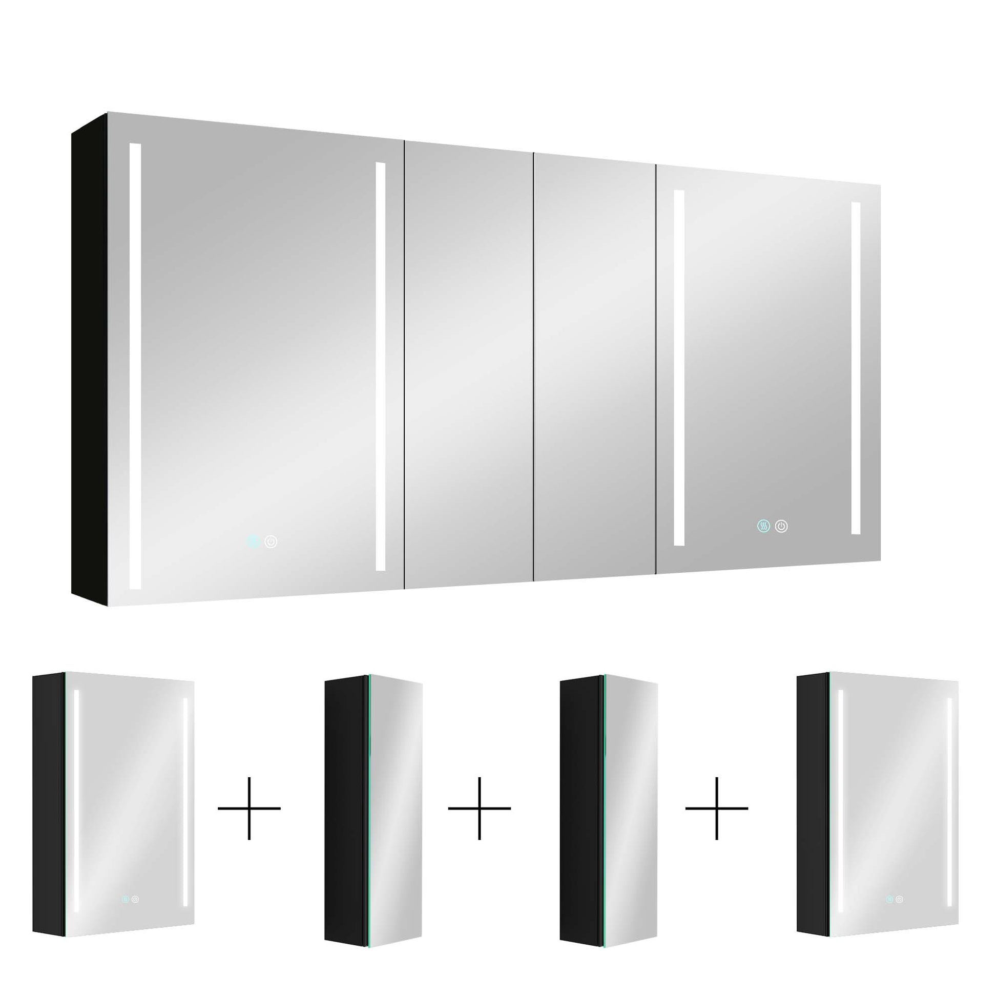 60X30 Inch Led Bathroom Medicine Cabinet Surface Mount Double Door Lighted Medicine Cabinet, Medicine Cabinets For Bathroom With Mirror Defogging, Dimmer Black Black Modern Aluminium