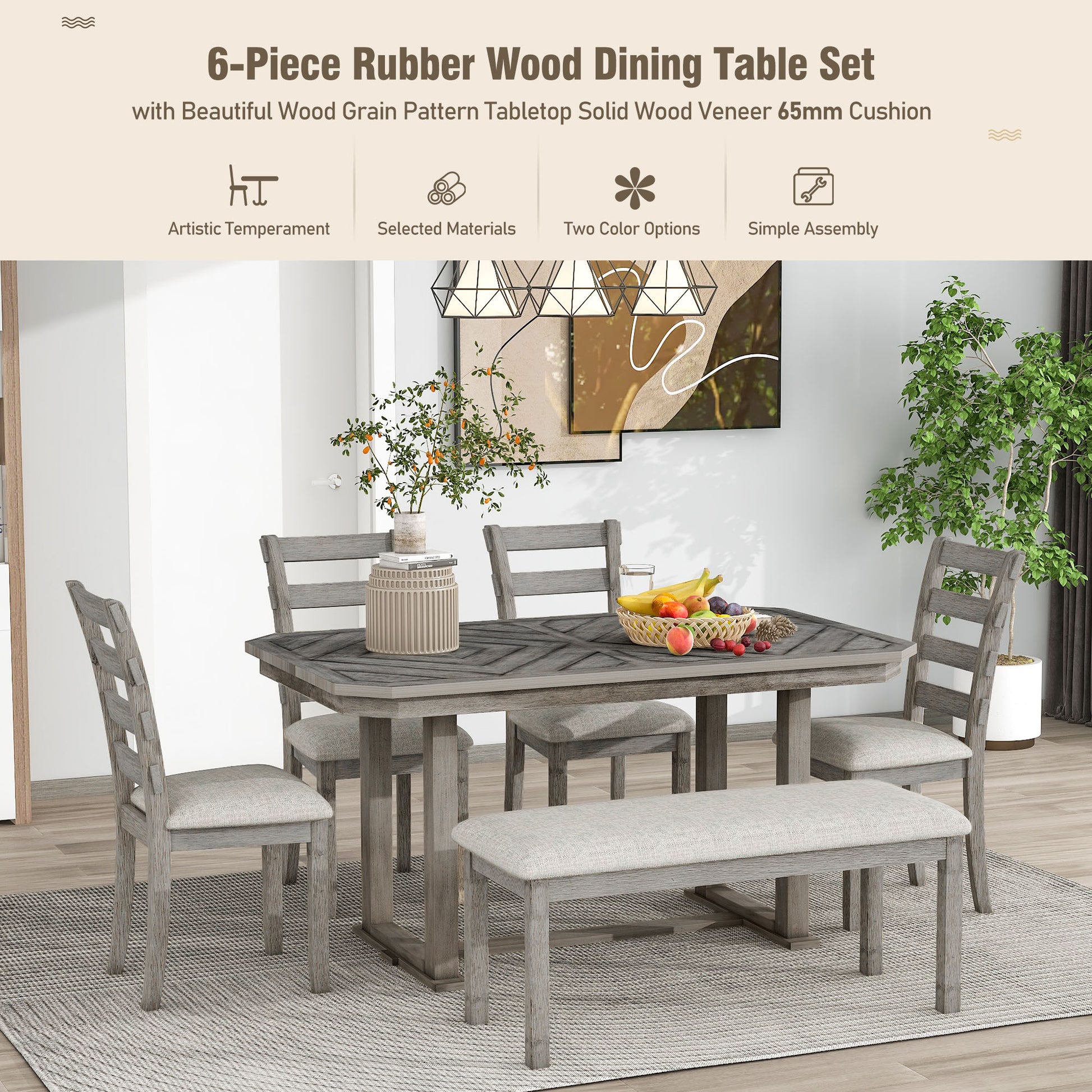 6 Piece Rubber Wood Dining Table Set With Beautiful Wood Grain Pattern Tabletop Solid Wood Veneer And Soft Cushion Gray Gray Solid Wood