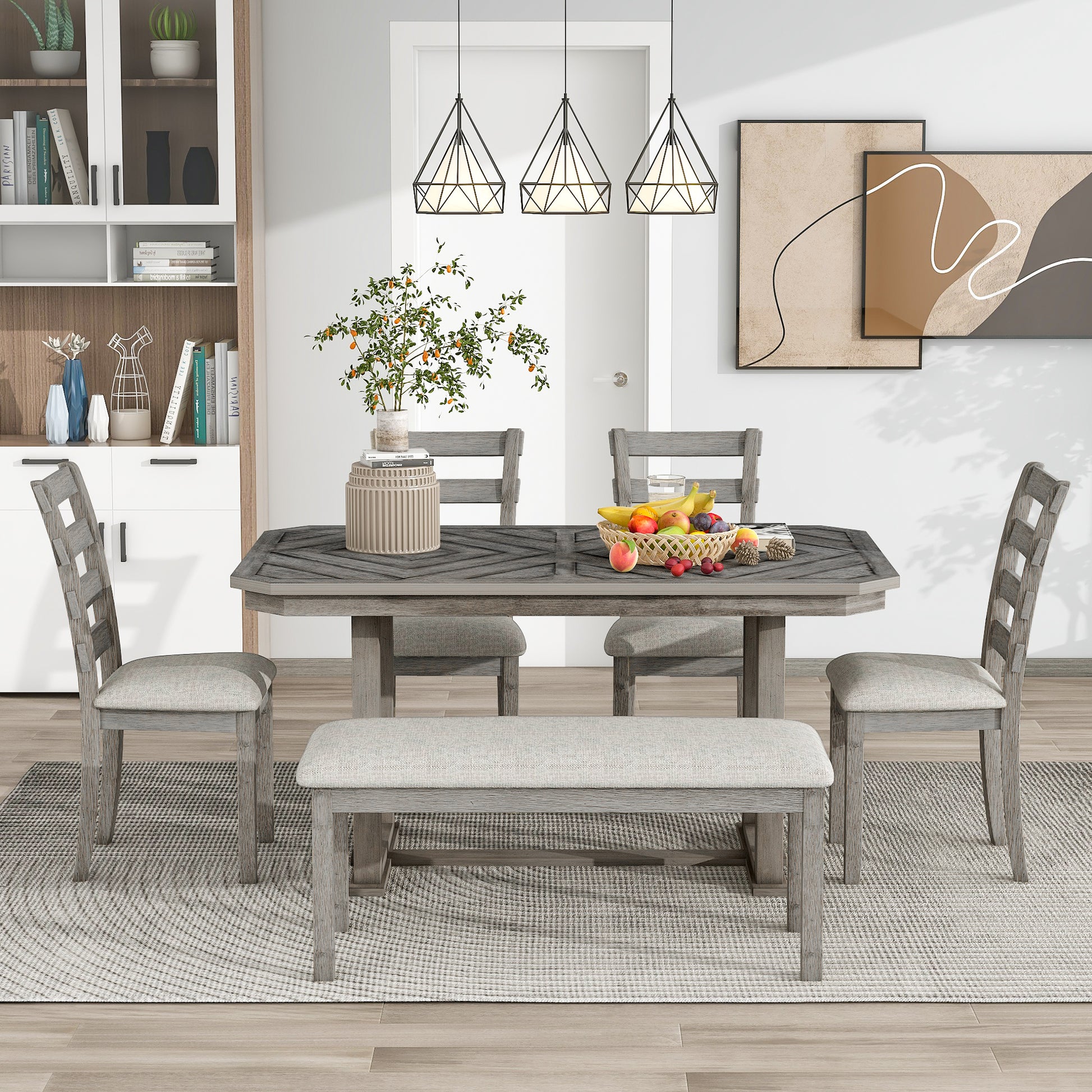6 Piece Rubber Wood Dining Table Set With Beautiful Wood Grain Pattern Tabletop Solid Wood Veneer And Soft Cushion Gray Gray Solid Wood