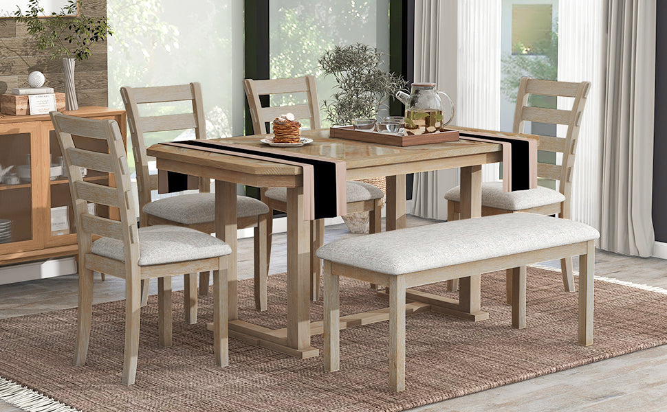 6 Piece Rubber Wood Dining Table Set With Beautiful Wood Grain Pattern Tabletop Solid Wood Veneer And Soft Cushion Natural Wood Wash Natural Wood Wash Solid Wood