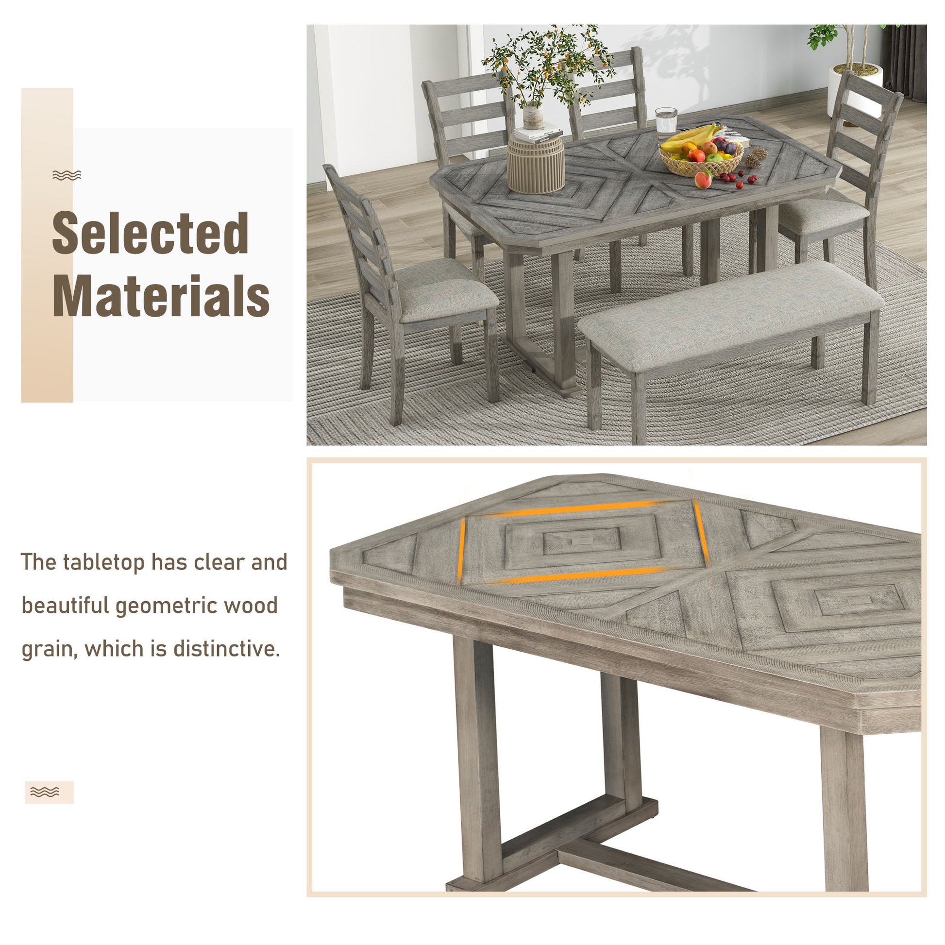 6 Piece Rubber Wood Dining Table Set With Beautiful Wood Grain Pattern Tabletop Solid Wood Veneer And Soft Cushion Gray Gray Solid Wood