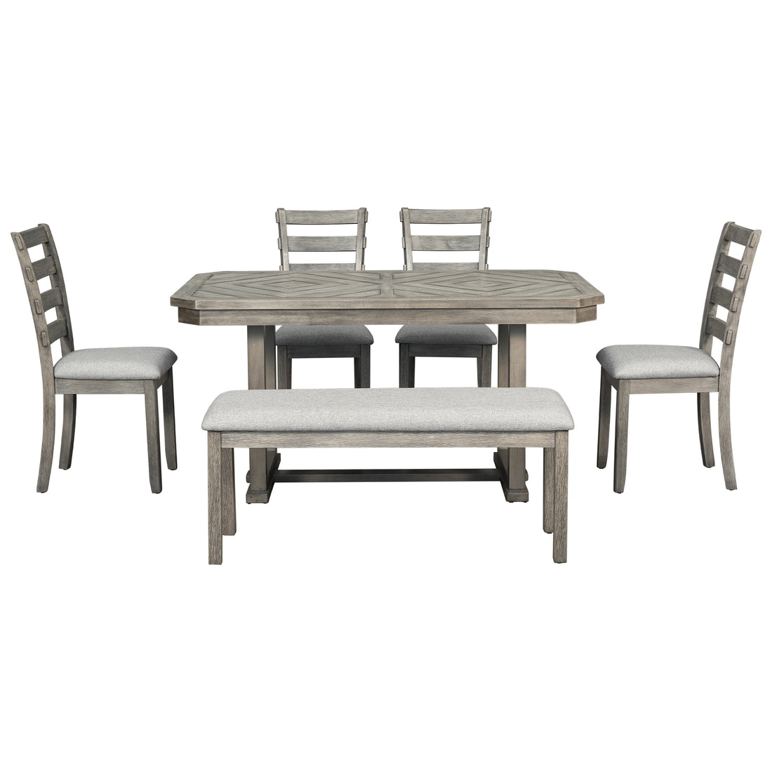 6 Piece Rubber Wood Dining Table Set With Beautiful Wood Grain Pattern Tabletop Solid Wood Veneer And Soft Cushion Gray Gray Solid Wood