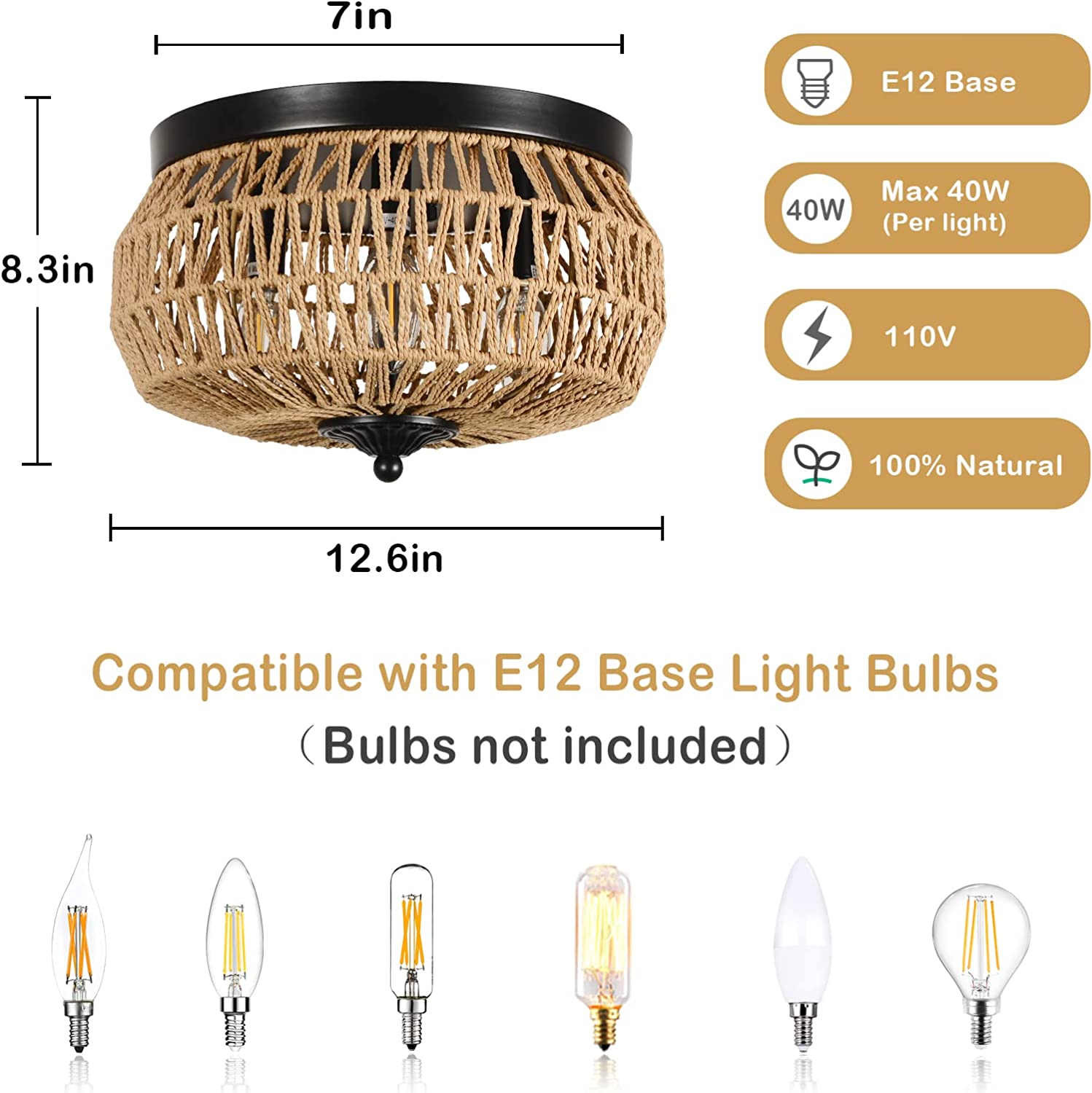 3 Lights Rattan Flush Mount Light Brown Rattan