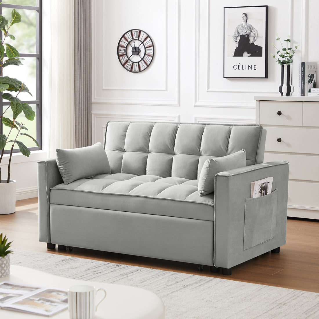 Modern Velvet Loveseat Futon Sofa Couch W Pullout Bed,Small Beautiful Seat Lounge Sofa W Reclining Backrest,Toss Pillows, Pockets,Furniture For Living Room,3 In 1 Convertible Sleeper Sofa Bed, Gray Gray Velvet