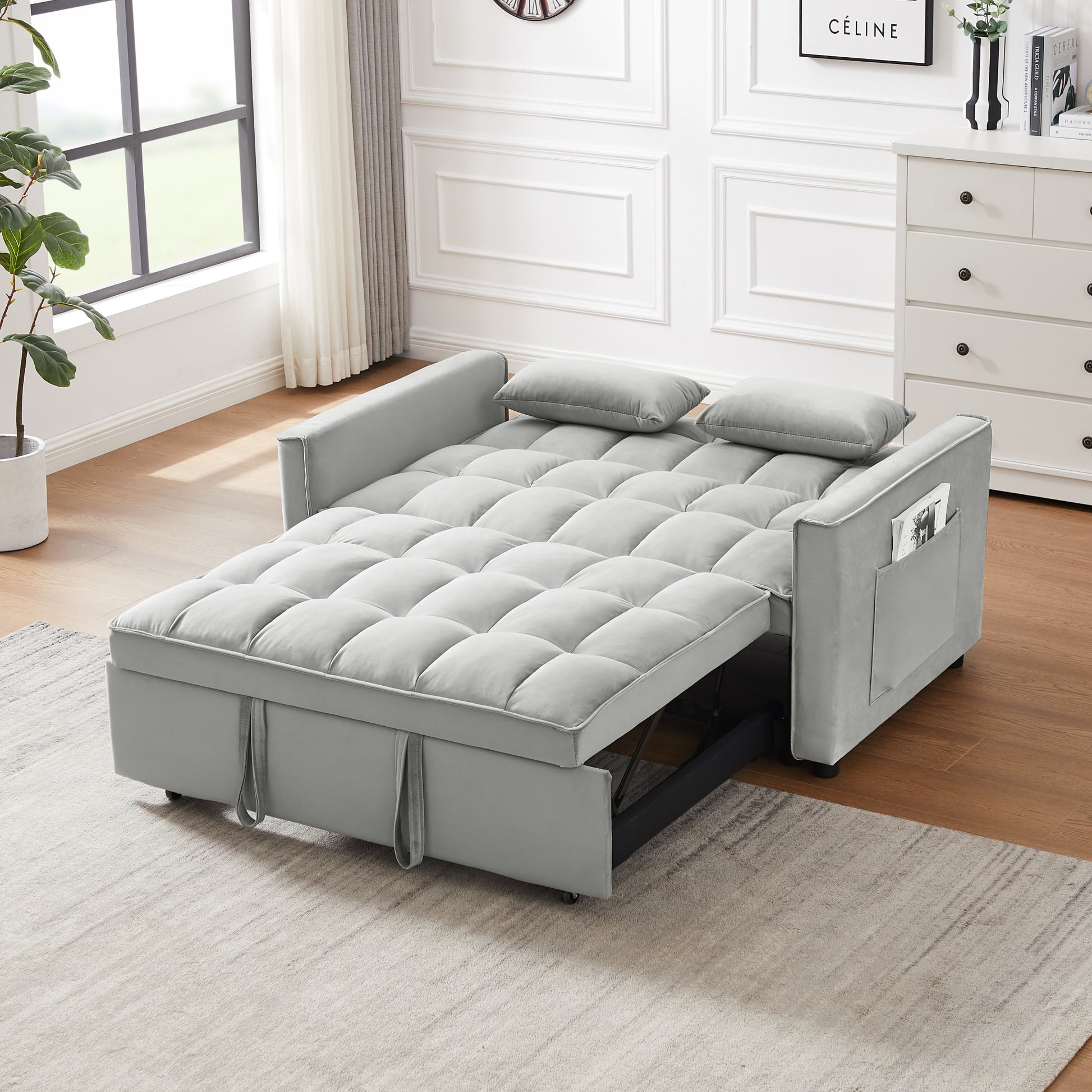 Modern Velvet Loveseat Futon Sofa Couch W Pullout Bed,Small Beautiful Seat Lounge Sofa W Reclining Backrest,Toss Pillows, Pockets,Furniture For Living Room,3 In 1 Convertible Sleeper Sofa Bed, Gray Gray Velvet