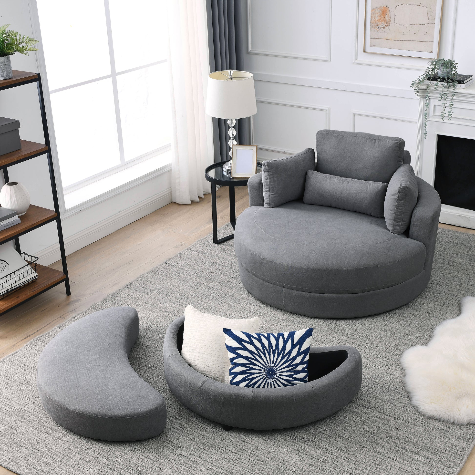 Video Welike Swivel Accent Barrel Modern Dark Grey Sofa Lounge Club Big Round Chair With Storage Ottoman Linen Fabric For Living Room Hotel With Pillows Dark Grey Foam Fabric