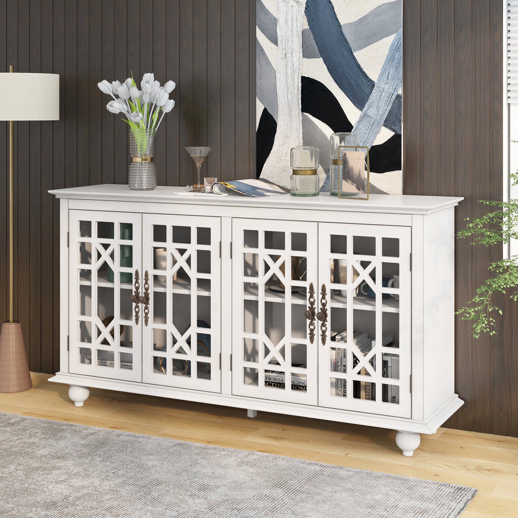 Sideboard with Adjustable Height Shelves, Metal antique white-mdf