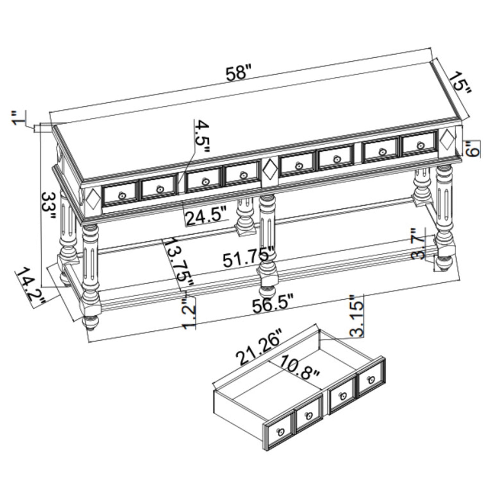 Retro Console Table Entryway Table 58" Long Sofa Table With 2 Drawers In Same Size And Bottom Shelf For Storage Antique White Antique White Solid Wood