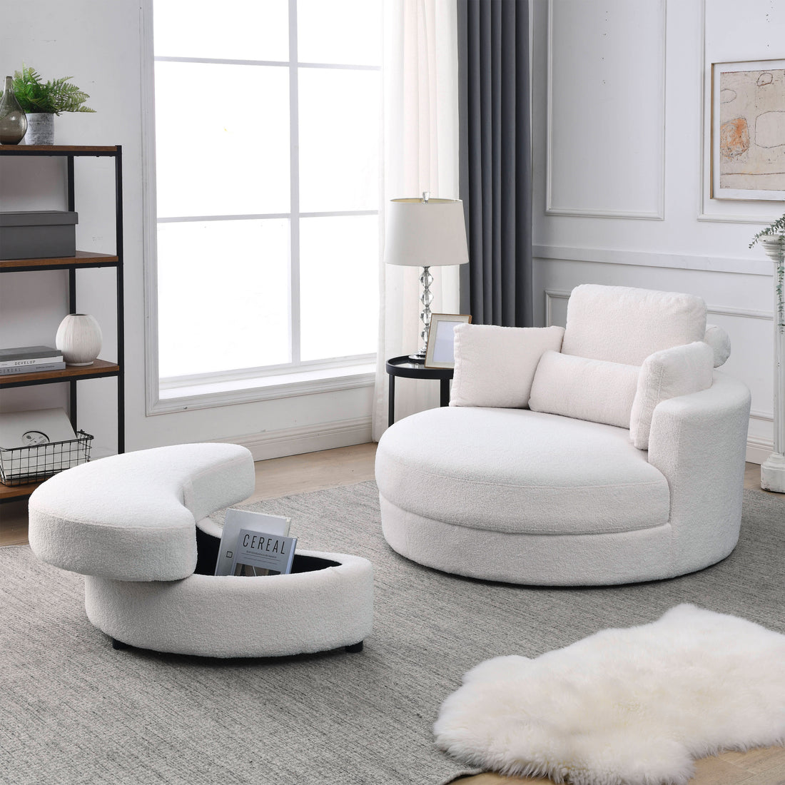 Video Welike Swivel Accent Barrel Modern Sofa Lounge Club Big Round Chair With Storage Ottoman Linen Fabric For Living Room Hotel With Pillows,Teddy White Ivory Ivory Foam Fabric 1 Seat