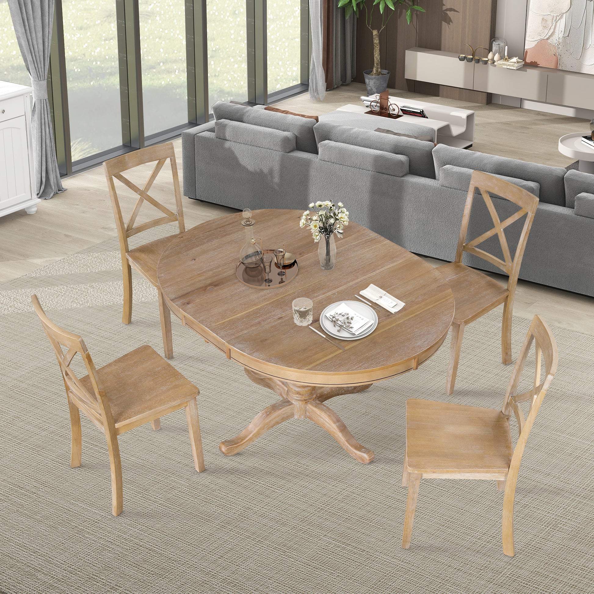 Modern Dining Table Set For 4,Round Table And 4 Kitchen Room Chairs,5 Piece Kitchen Table Set For Dining Room,Dinette,Breakfast Nook,Natural Wood Wash Natural Wood Wash Mdf Solid Wood Mdf