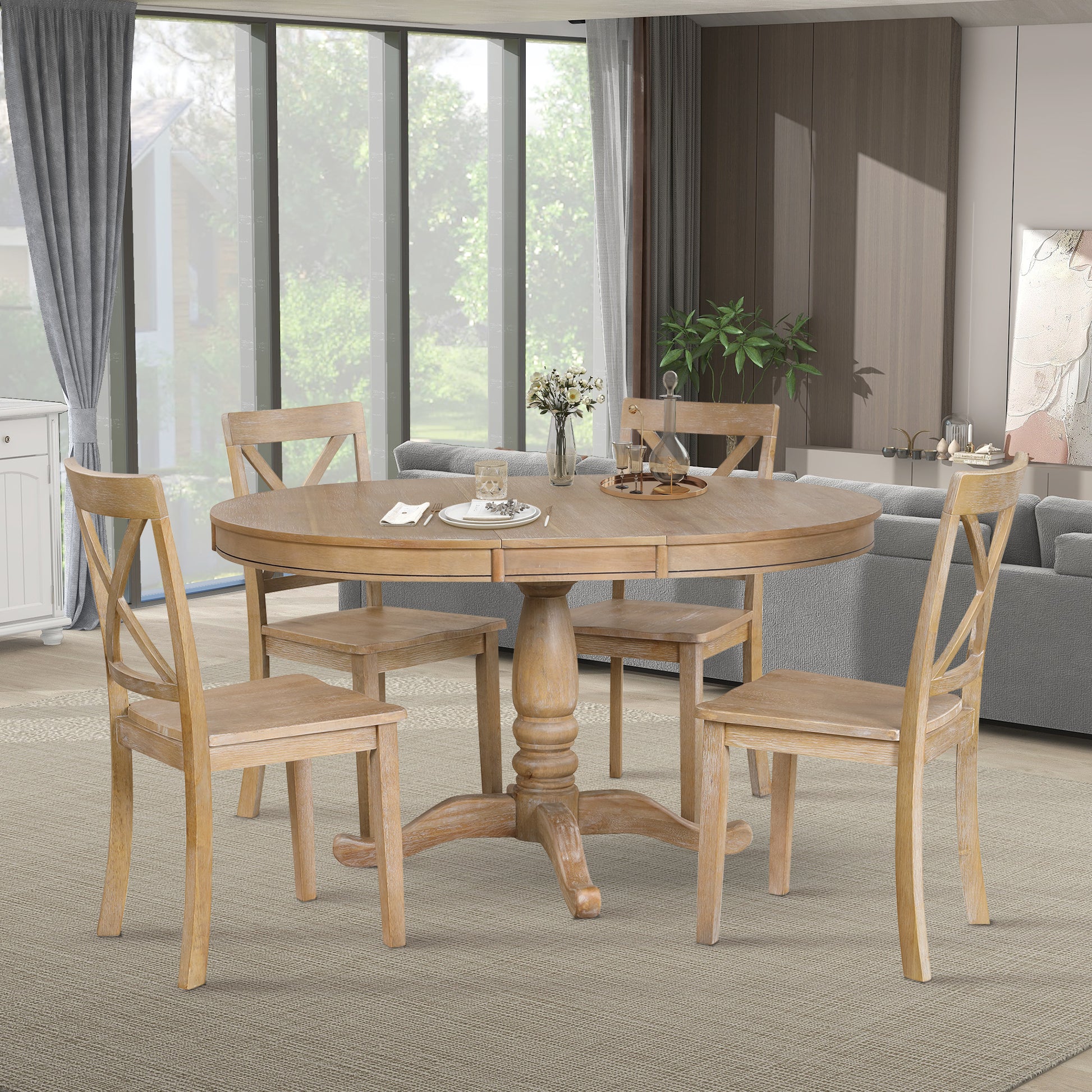 Modern Dining Table Set For 4,Round Table And 4 Kitchen Room Chairs,5 Piece Kitchen Table Set For Dining Room,Dinette,Breakfast Nook,Natural Wood Wash Natural Wood Wash Mdf Solid Wood Mdf