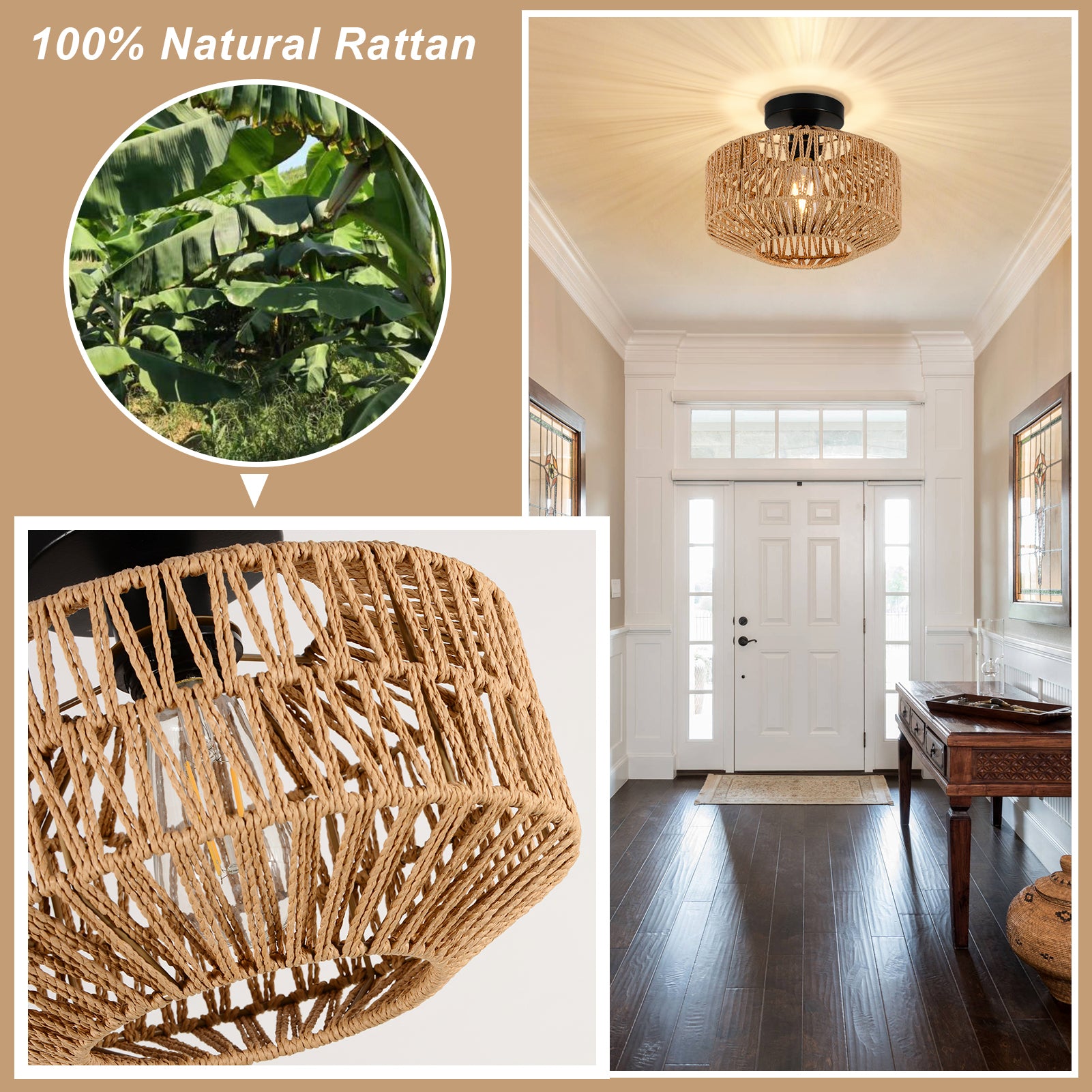 Mini Rattan Flush Mount Light With Dimmable Led Bulb Brown Rattan