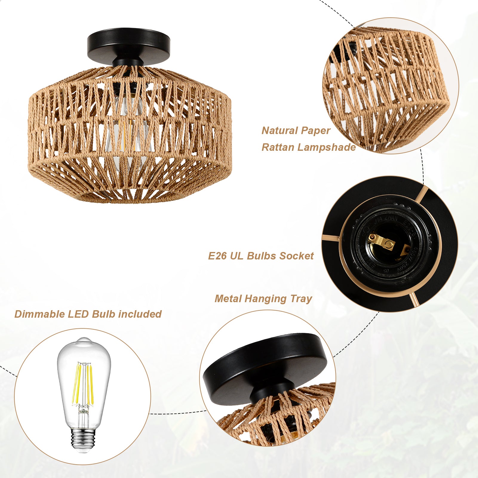 Mini Rattan Flush Mount Light With Dimmable Led Bulb Brown Rattan