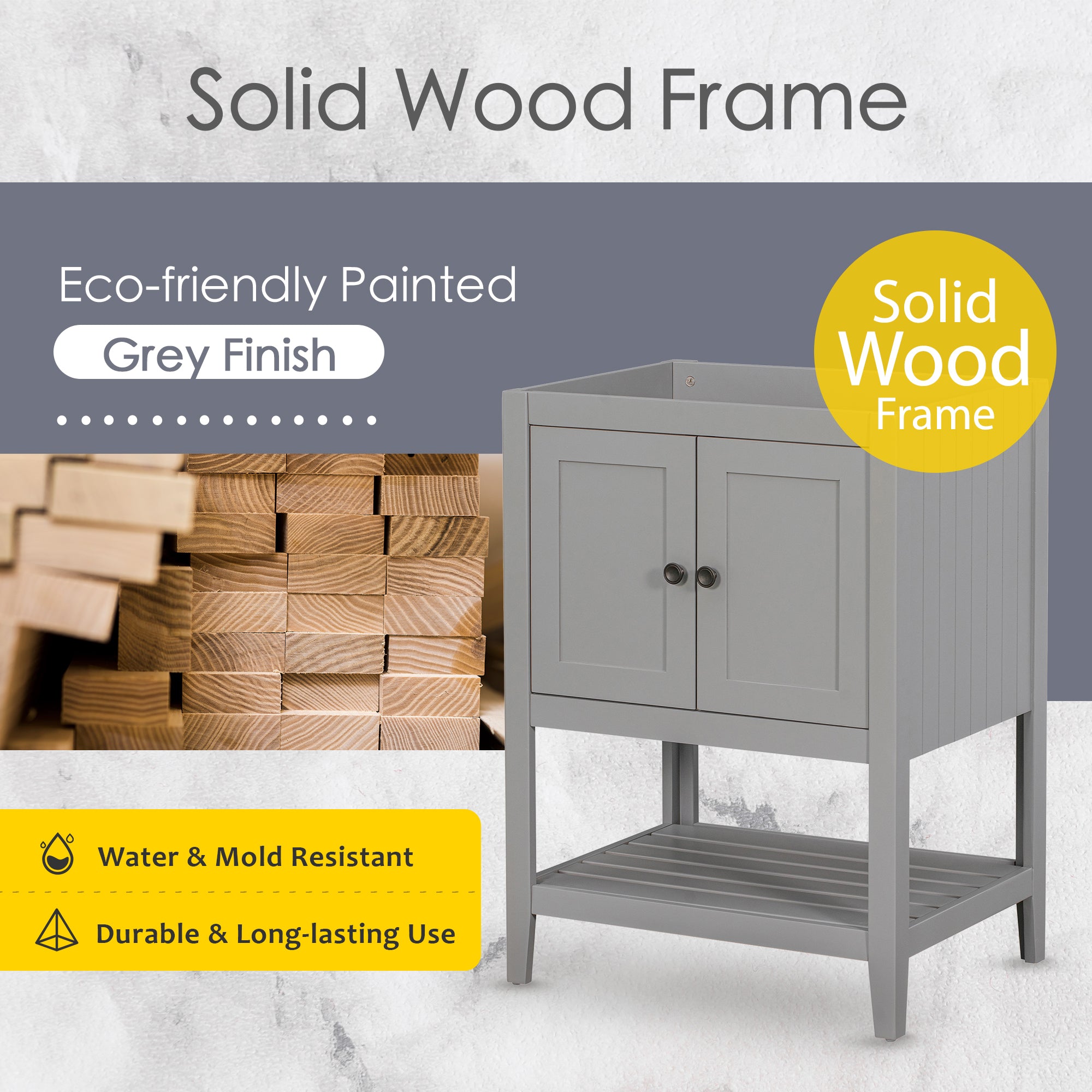 24" Bathroom Vanity Base Only, Soild Wood Frame grey-solid wood
