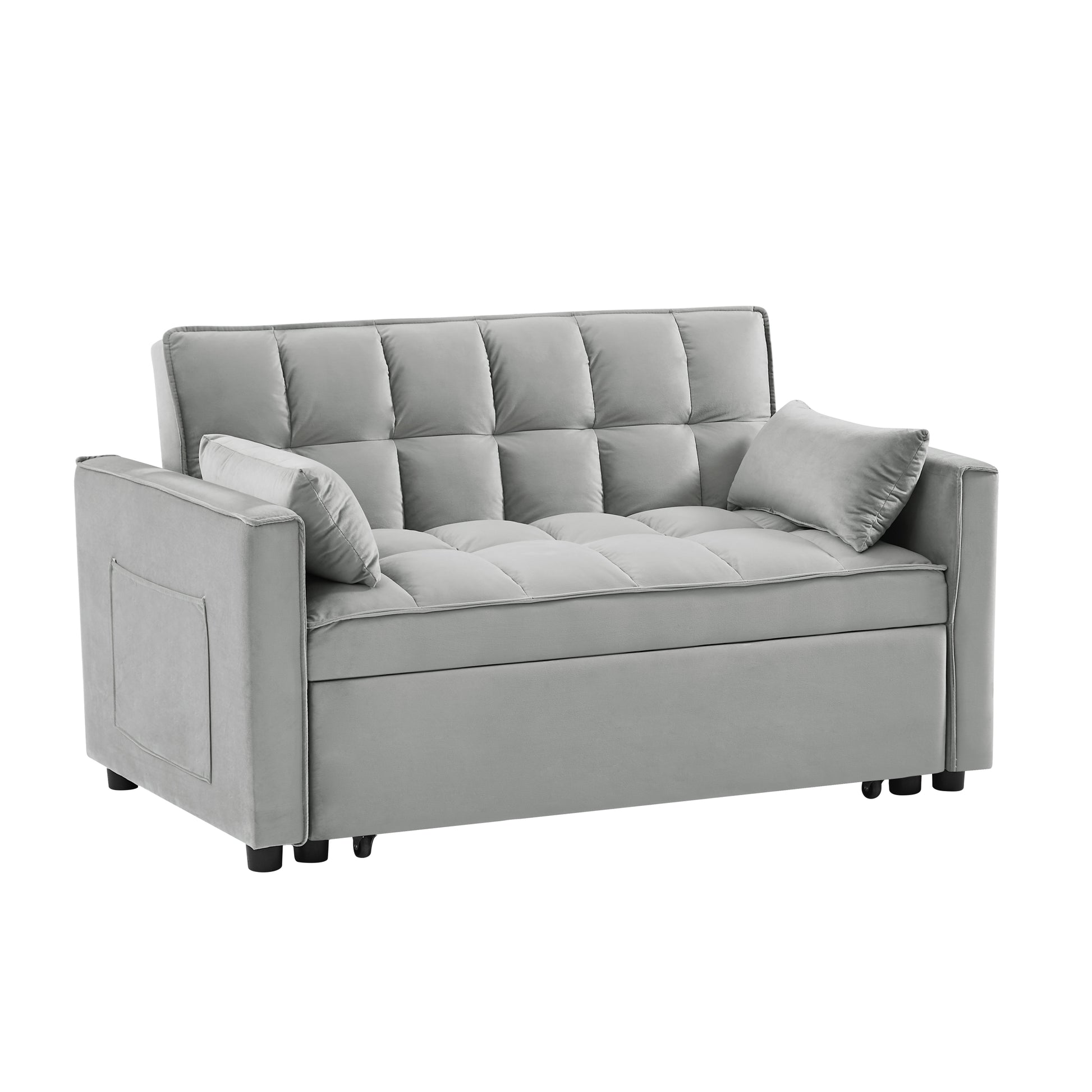 Modern Velvet Loveseat Futon Sofa Couch W Pullout Bed,Small Beautiful Seat Lounge Sofa W Reclining Backrest,Toss Pillows, Pockets,Furniture For Living Room,3 In 1 Convertible Sleeper Sofa Bed, Gray Gray Velvet