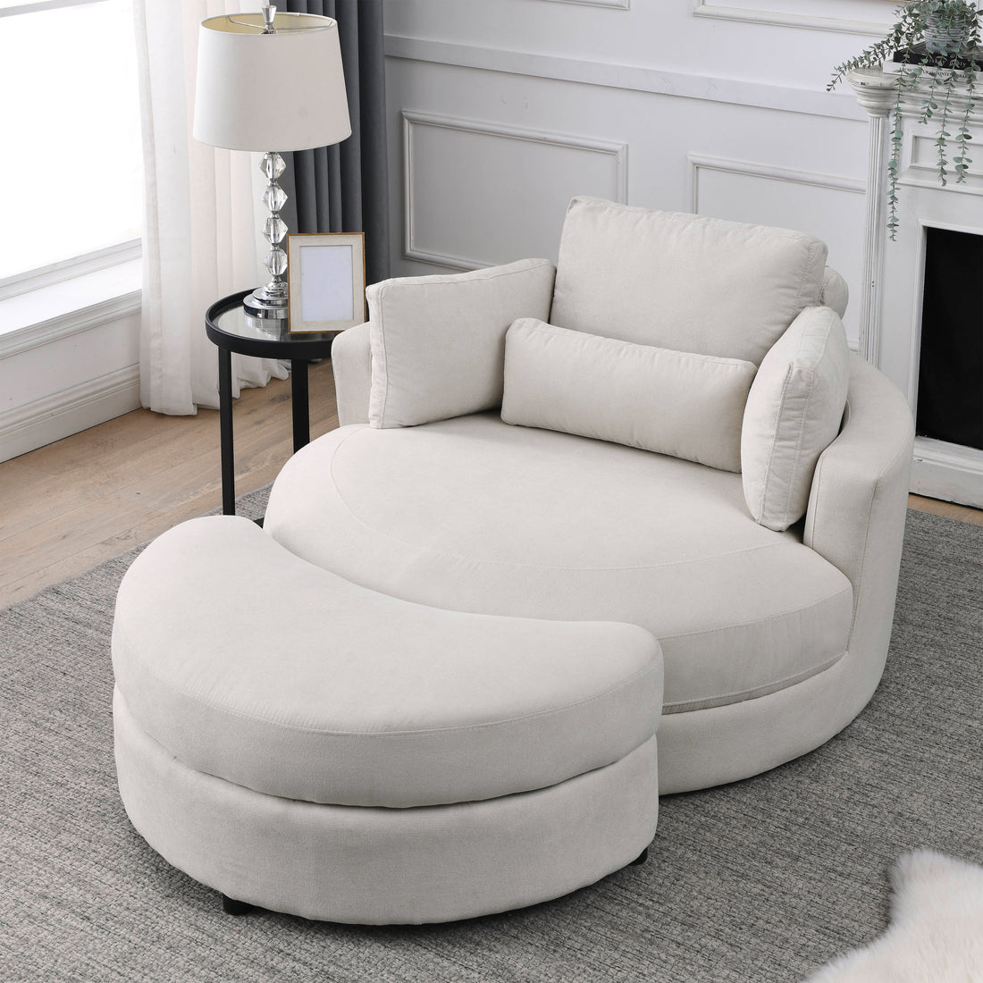 Video Welike Swivel Accent Barrel Modern Sofa Lounge Club Big Round Chair With Storage Ottoman Linen Fabric For Living Room Hotel With Pillows Beige Foam Fabric